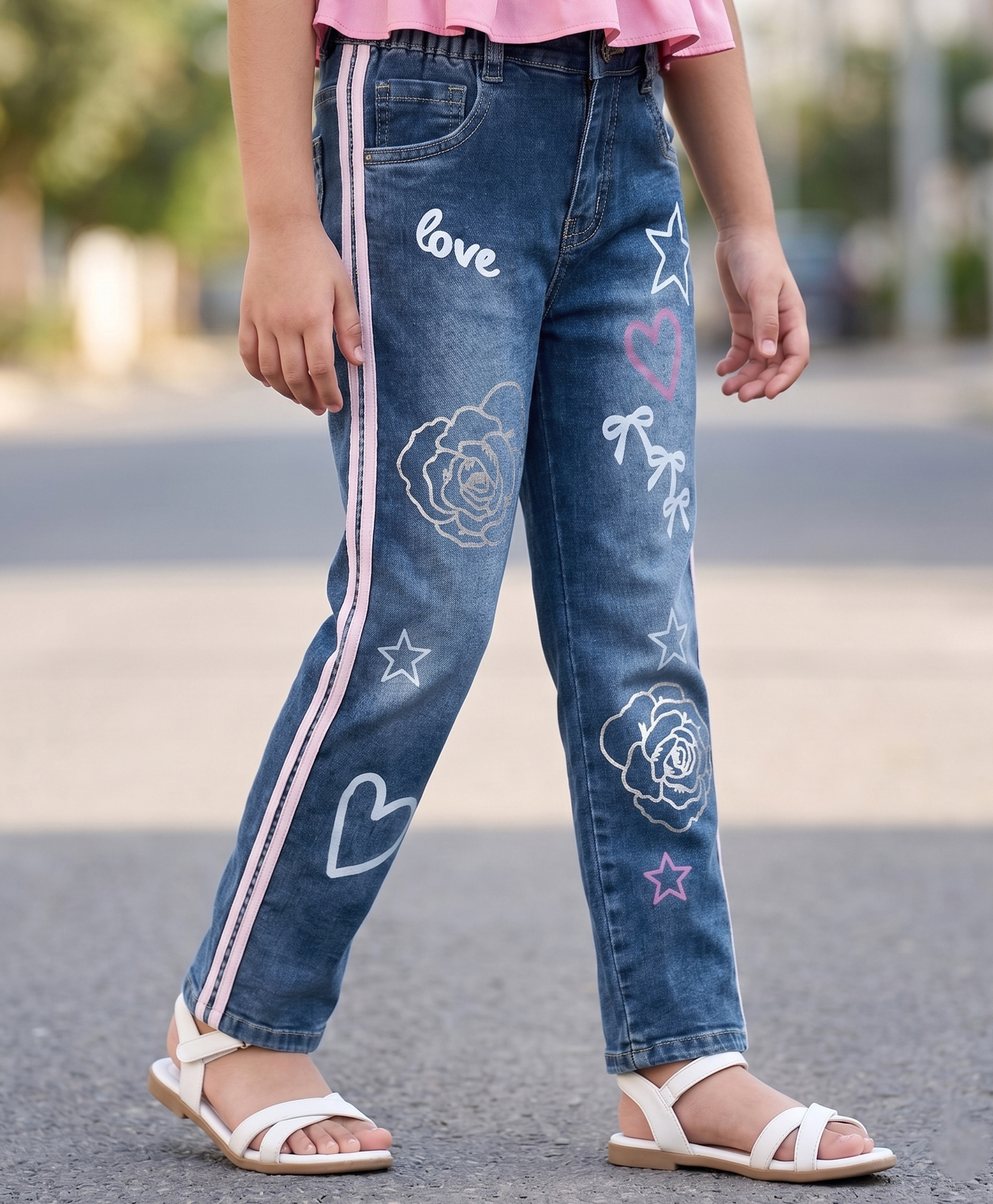 arias by lara dutta Arias Cotton Elastane Woven Denim Full Length Stretchable Straight Fit Washed Jeans With Bow Foil Print - Blue-picture-21
