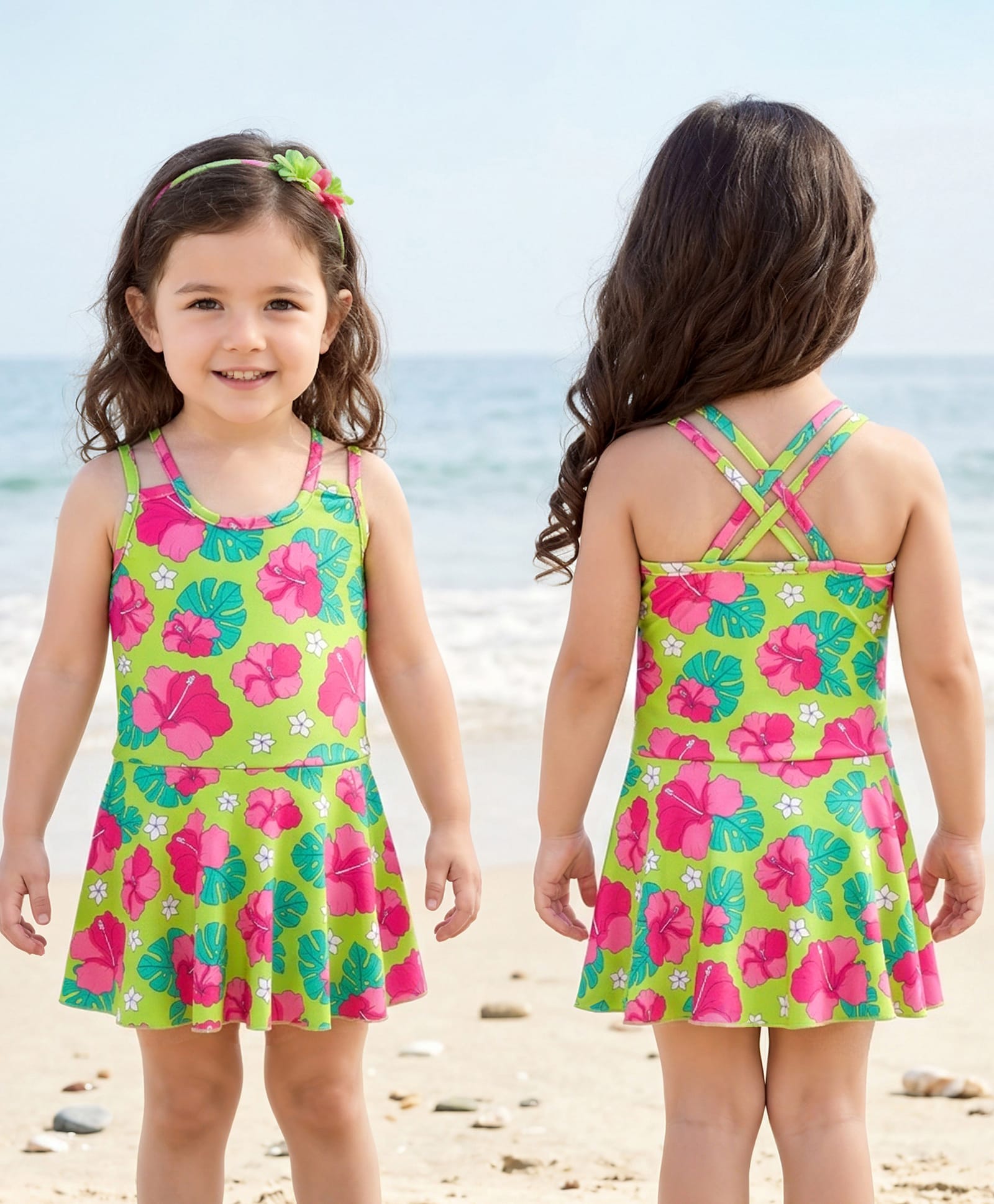 Babyhug Water Repellent Sleeveless Frock Swimsuit with Floral Print - Lime Green-image-37