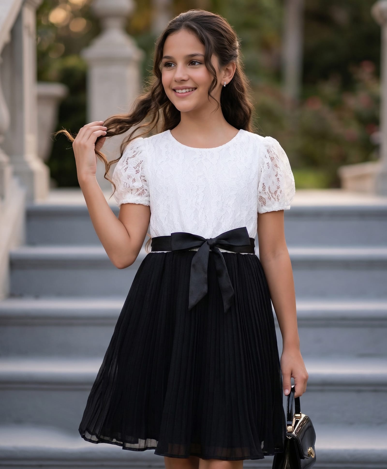 Pine Kids Woven Half Puffed Sleeves Frock with Embroidery & Bow Applique - Black-image-29