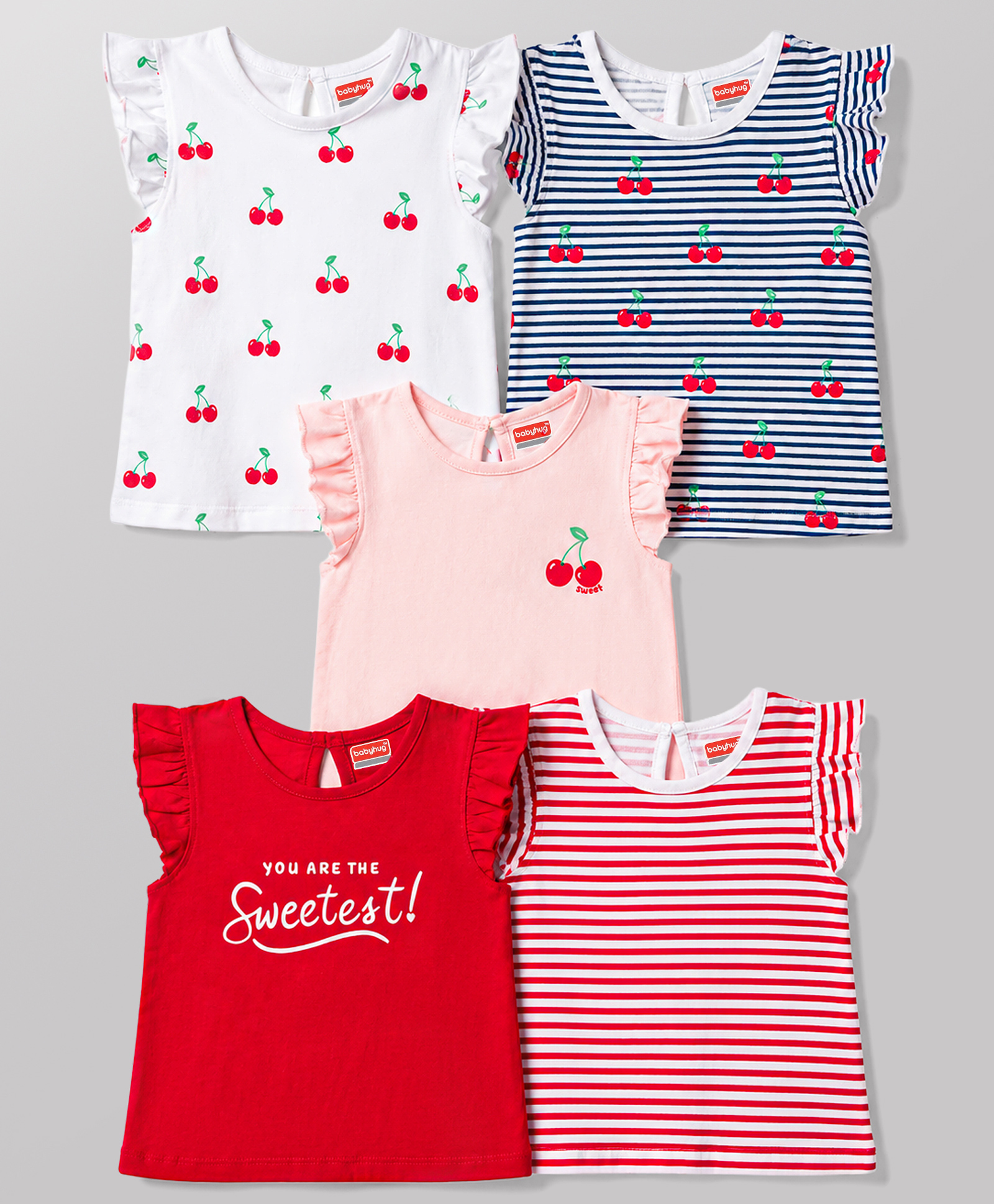 Babyhug Cotton Knit T-Shirts with Graphic Print and Ruffled Sleeves Multi Color 18-24 Months Pack of 5-image-38