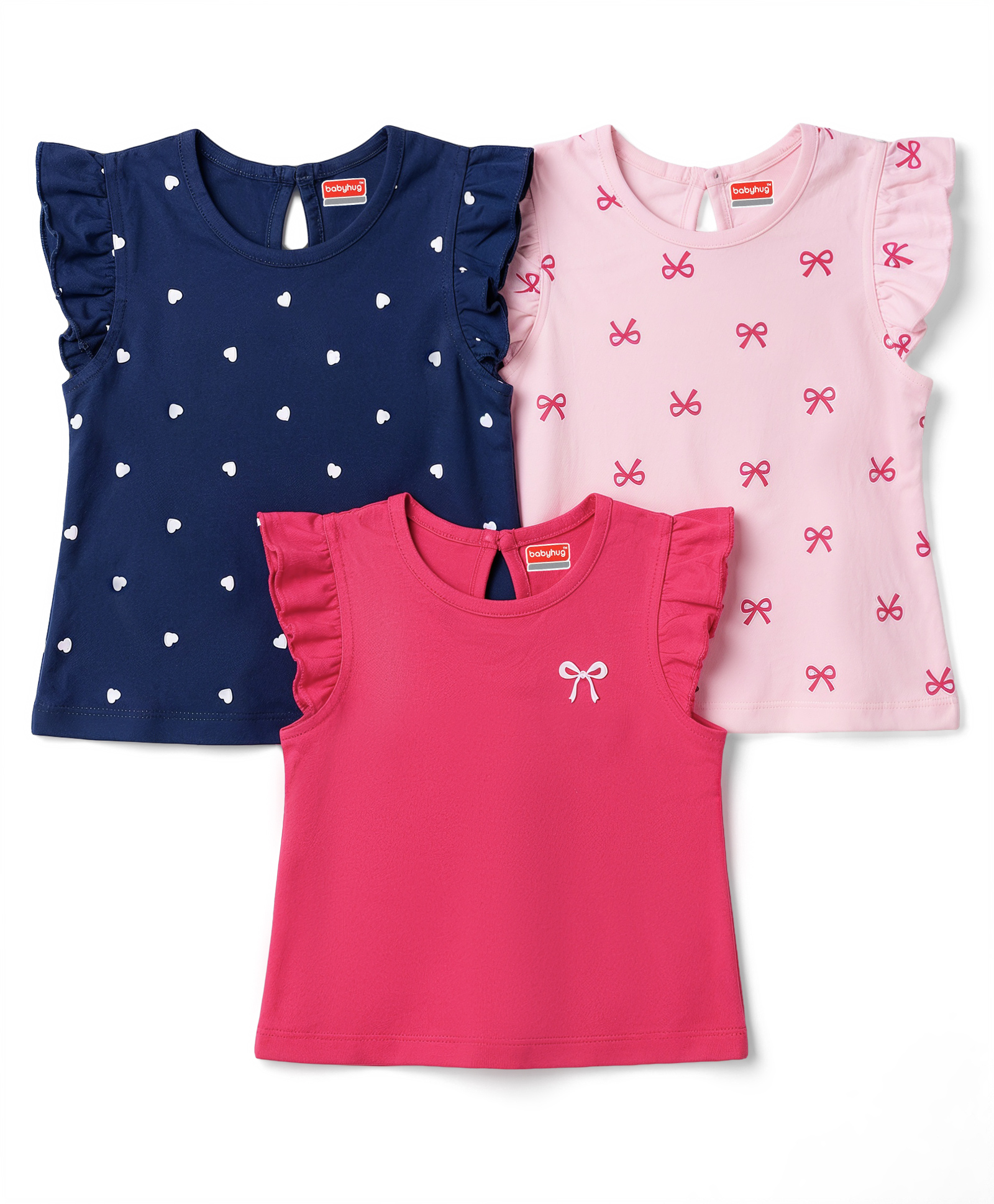 Babyhug Cotton Knit Frill Sleeves Hearts Printed T-Shirts Pack of 3 - Navy & Pink-picture-13