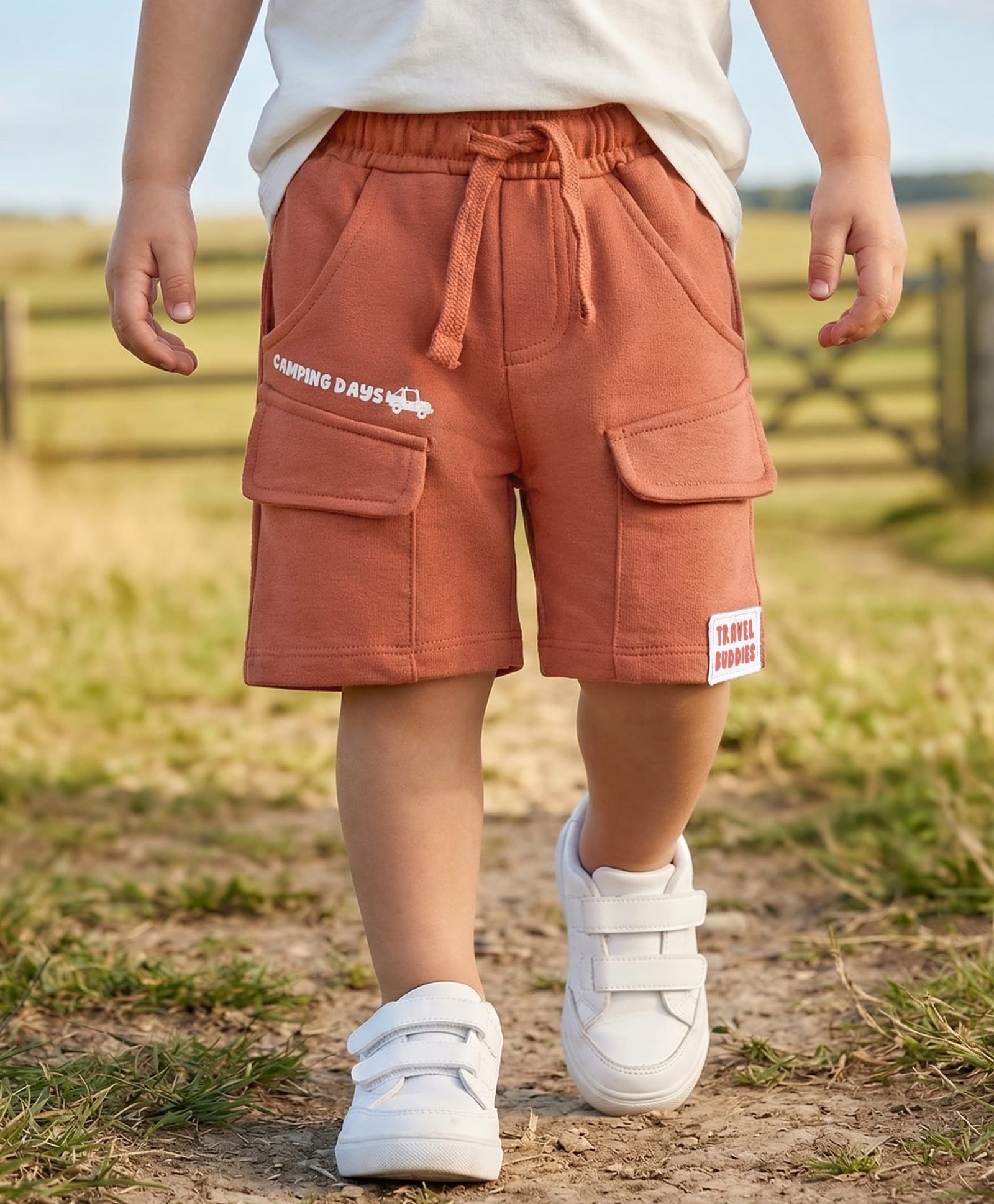 Babyhug Terry Knit Mid Thigh Vehicles Printed Shorts With Cargo Pockets - Brown-image-47