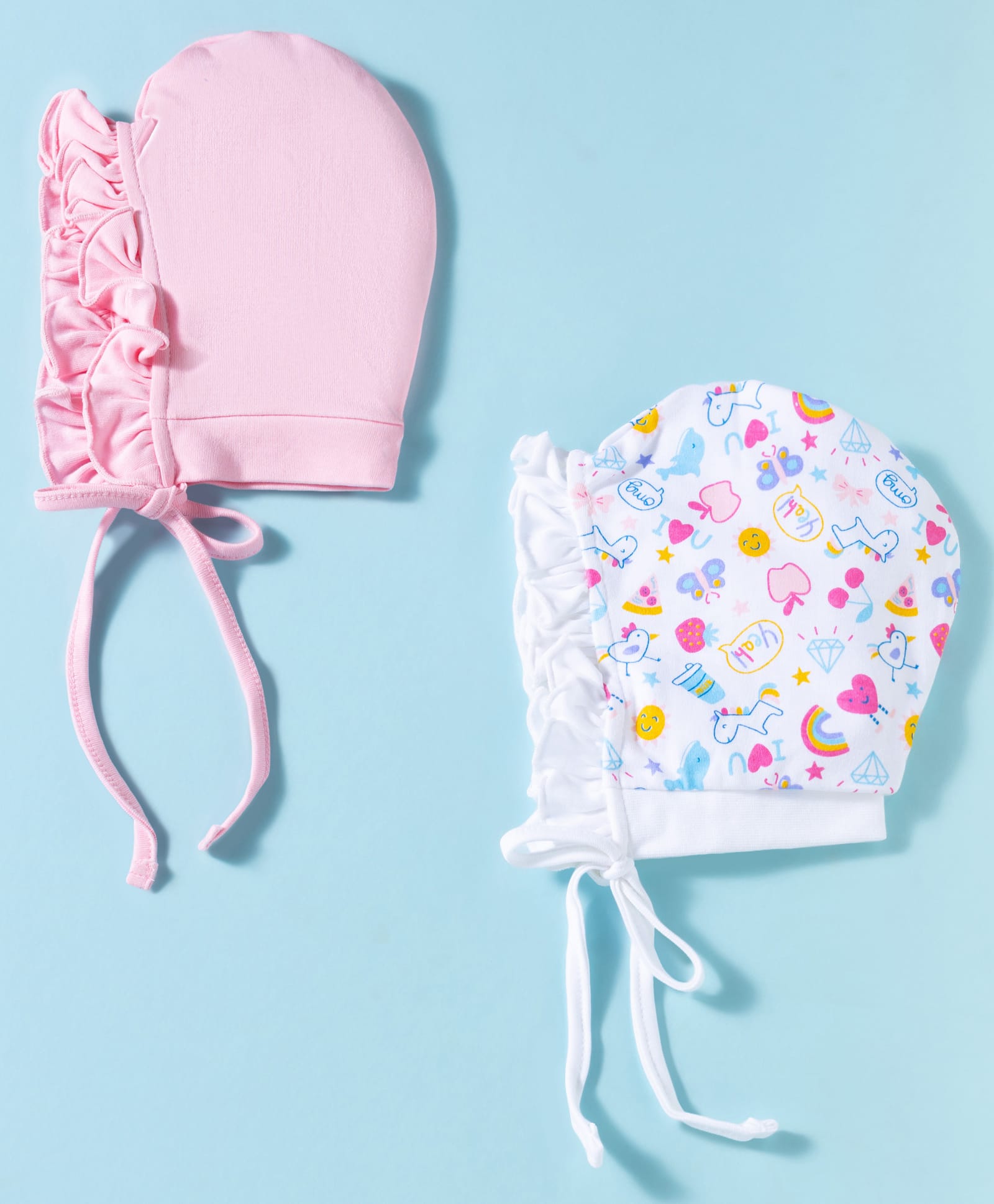 Ben Benny Interlock Knit Printed Frill Baby Caps Pack of 2 Multicolor- Diameter 16 cm-image-17