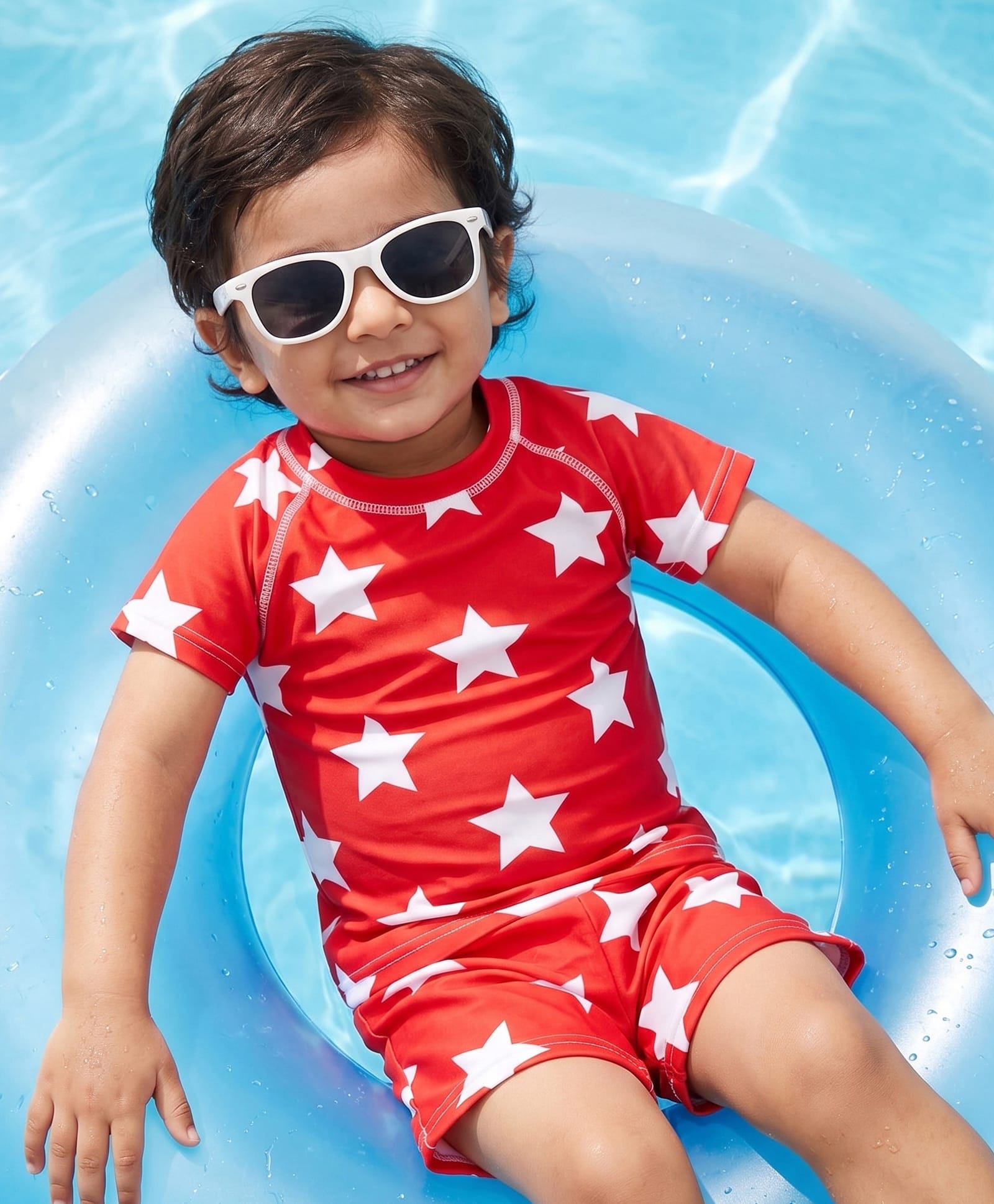 Babyhug Water Repellent Half Raglan Sleeve Two Piece Swimsuit with Star Print - Red-image-21