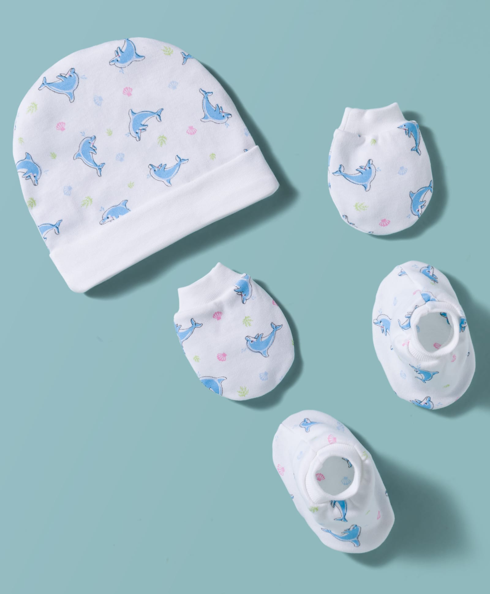 Ben Benny Interlock Knit Dolphin Printed Cap Mitten & Booties White - Diameter 9.5 cm-image-2