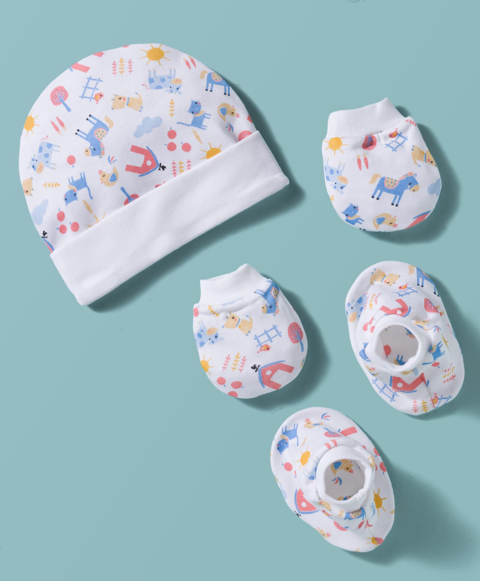 Ben Benny Interlock Knit Animals Printed Cap Mitten & Booties White - Diameter 9.5 cm-picture-15