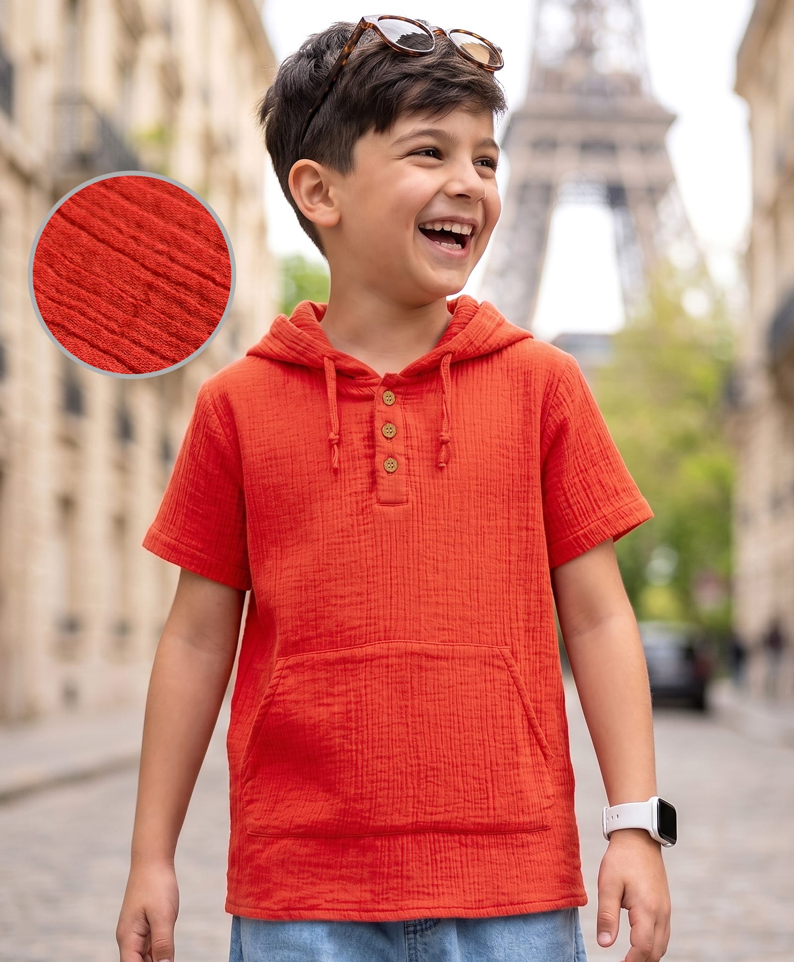 arias by lara dutta Arias 100% Cotton Woven Solid Gauze Half Sleeves Shirt with Hood - Rust Orange-picture-18