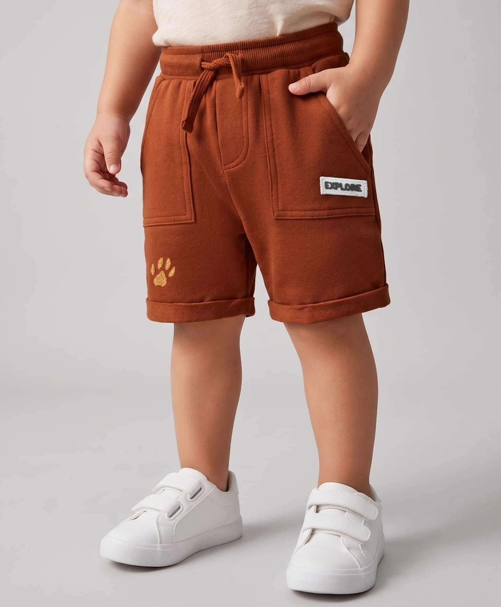 Babyhug Terry Knit Mid Thigh Shorts with Paw Embroidery - Rust Orange-image-37