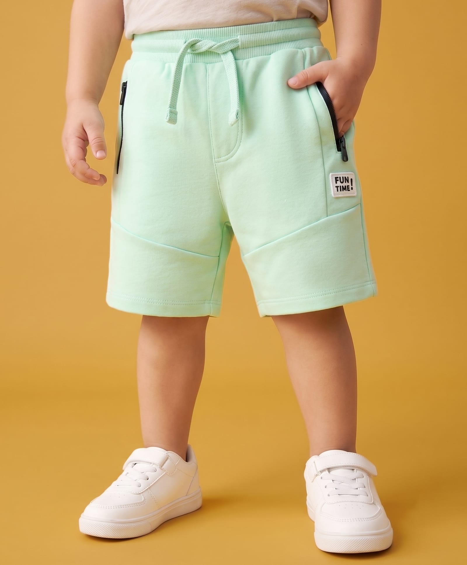 Babyhug Terry Knit Mid Thigh Shorts With Zipper Pockets - Green-picture-10