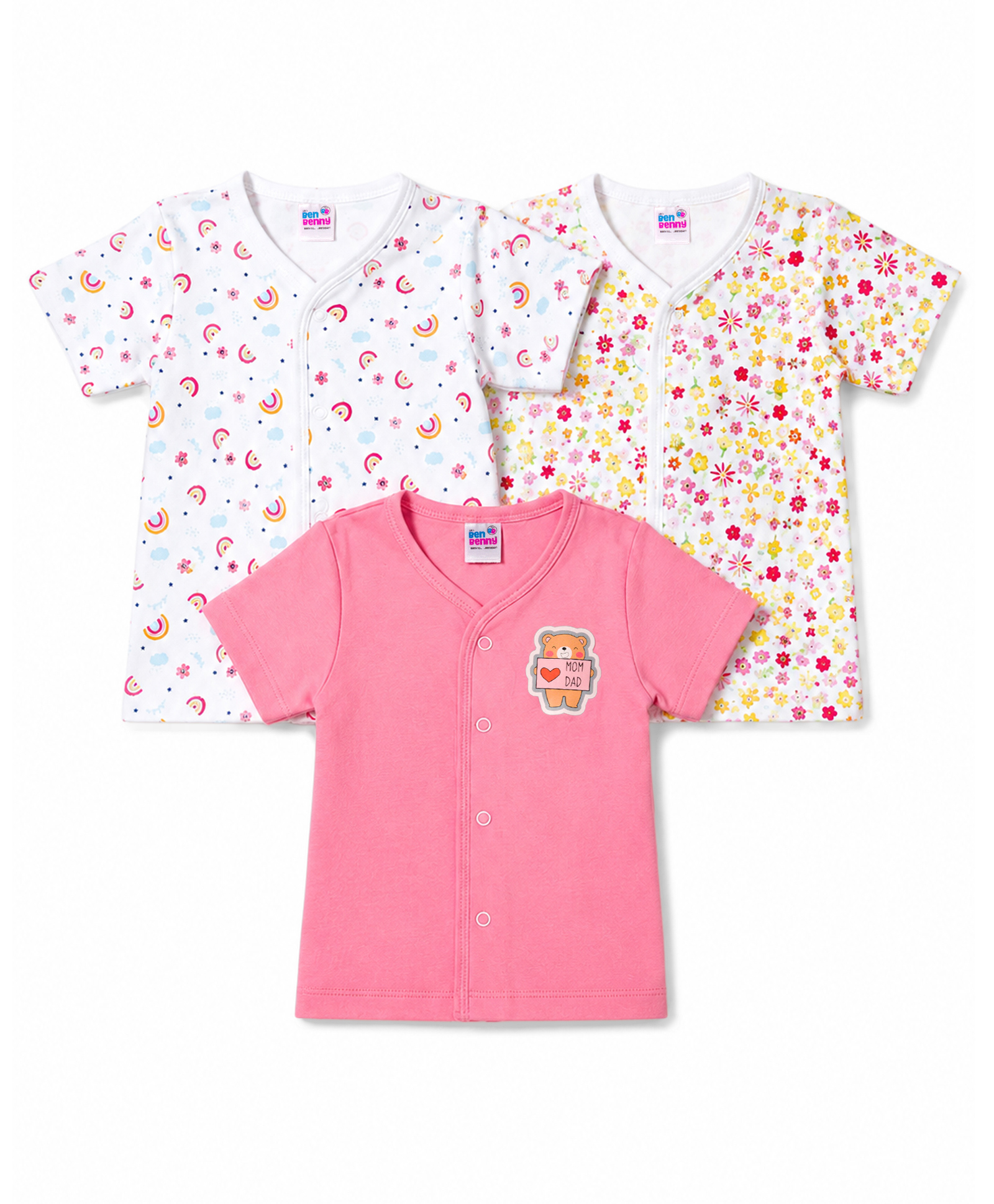 Ben Benny Interlock Knit Half Sleeves Floral & Rainbow Printed Jhablas Pack of 3 - Multicolour-picture-11