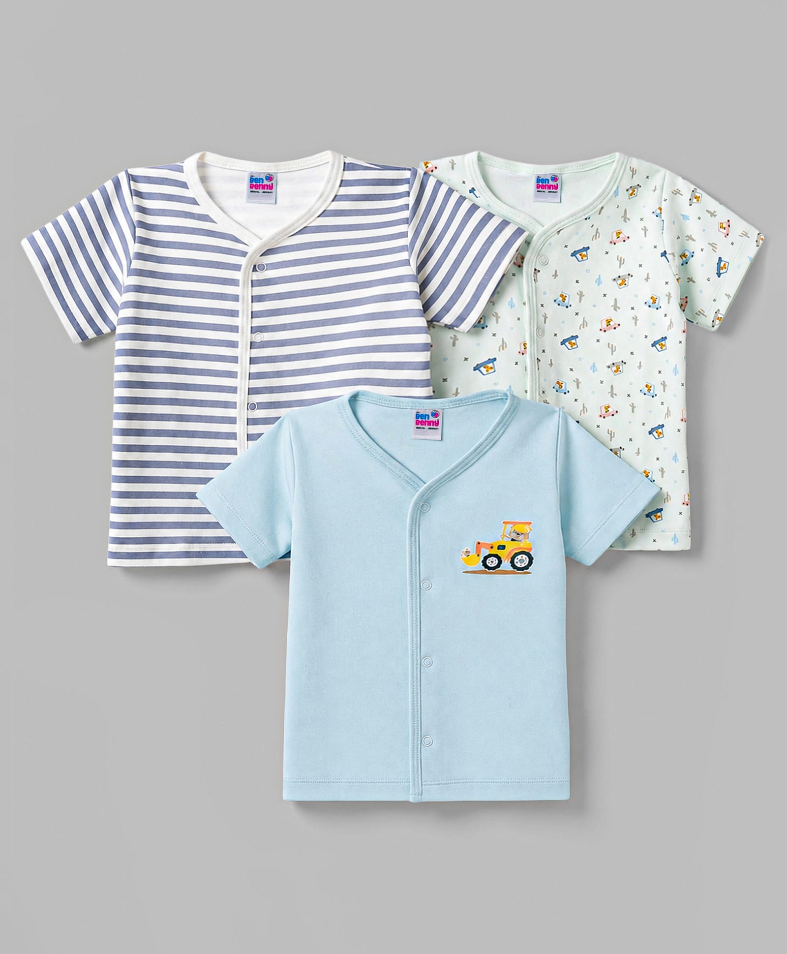 Ben Benny Interlock Knit Half Sleeves Striped & Car Printed Jhablas Pack of 3 - Multicolour-picture-10