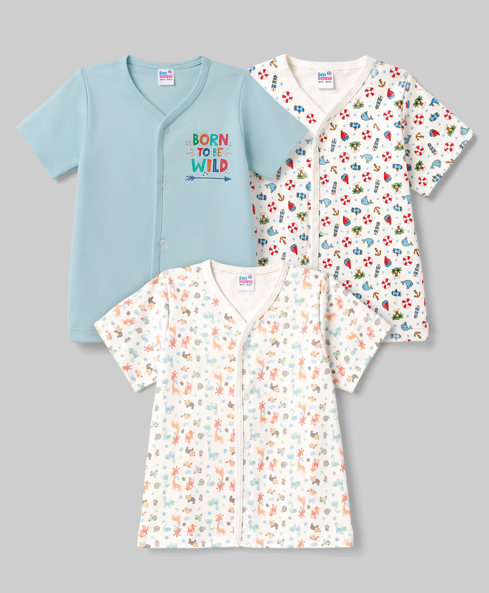 Ben Benny Interlock Knit Half Sleeves Animal & Sea Life Printed Jhablas Pack of 3 - Multicolour-picture-31