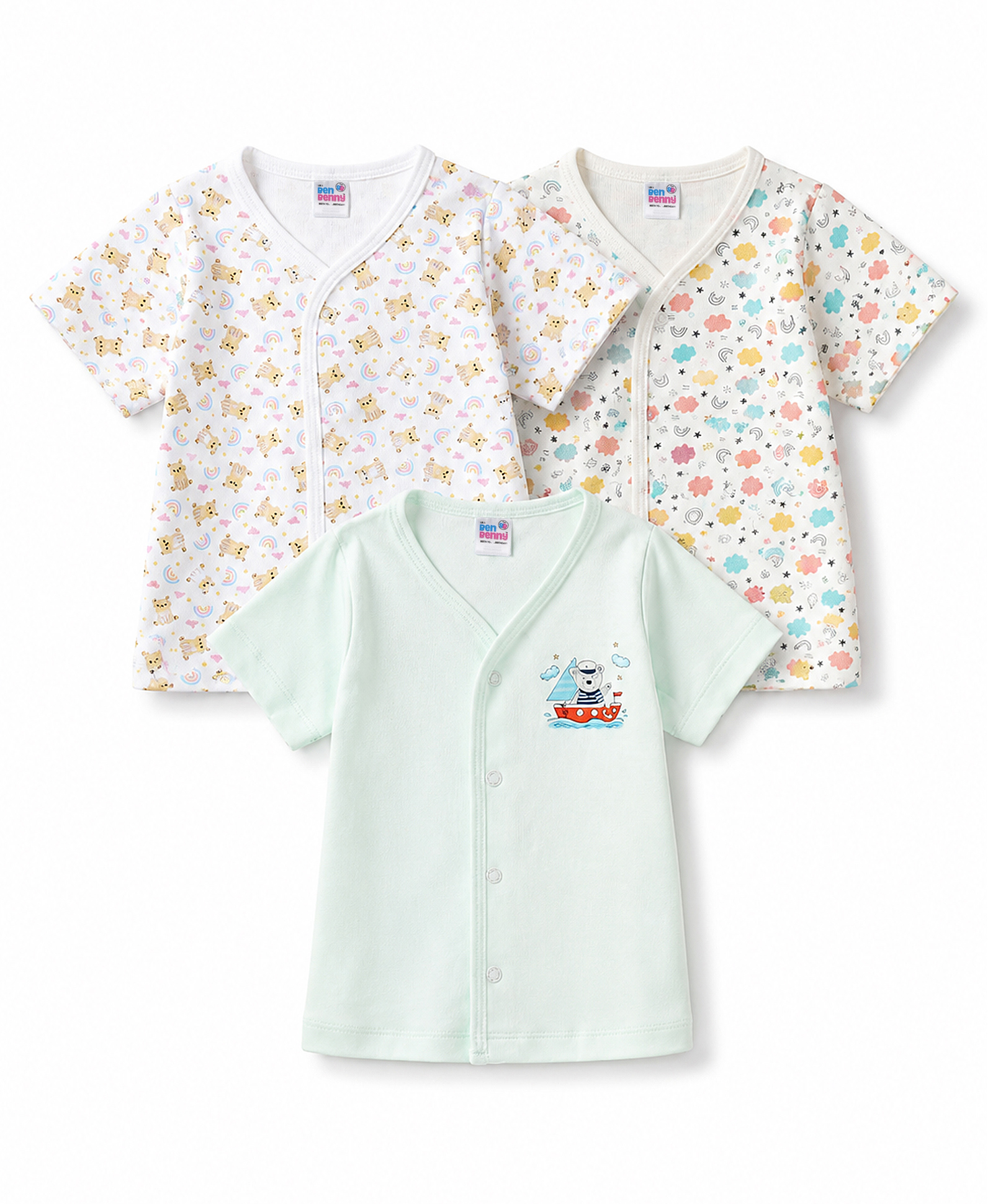 Ben Benny Interlock Knit Half Sleeves Bear Printed Jhablas Pack of 3 - White-picture-32