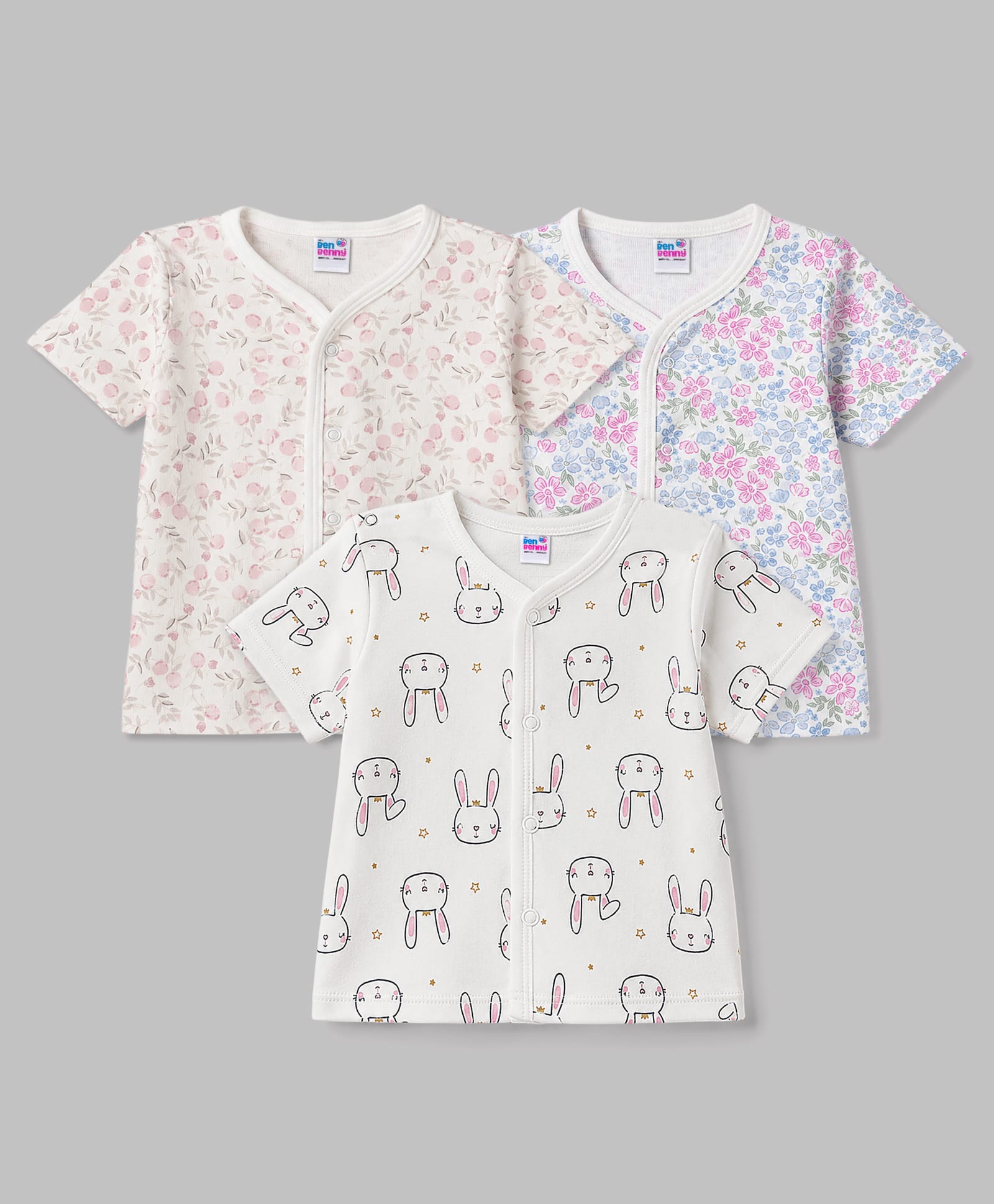 Ben Benny Interlock Knit Half Sleeves Bunny & Floral Printed Jhablas Pack of 3 - White-picture-19