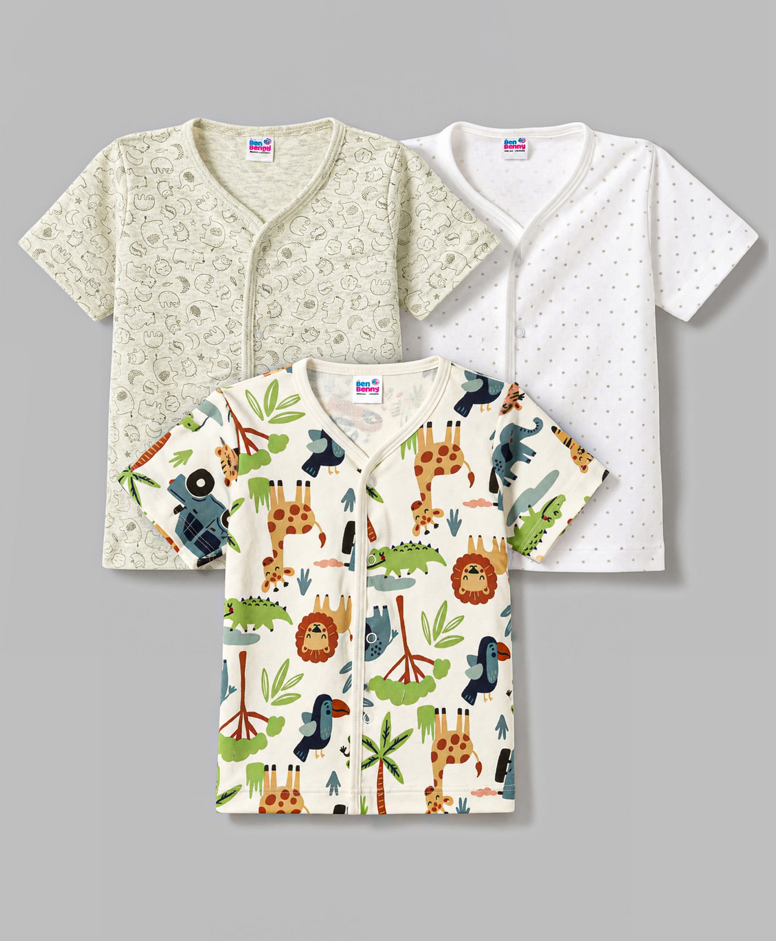 Ben Benny Interlock Knit Half Sleeves Jungle Theme Printed Jhablas Pack of 3 - White-picture-28