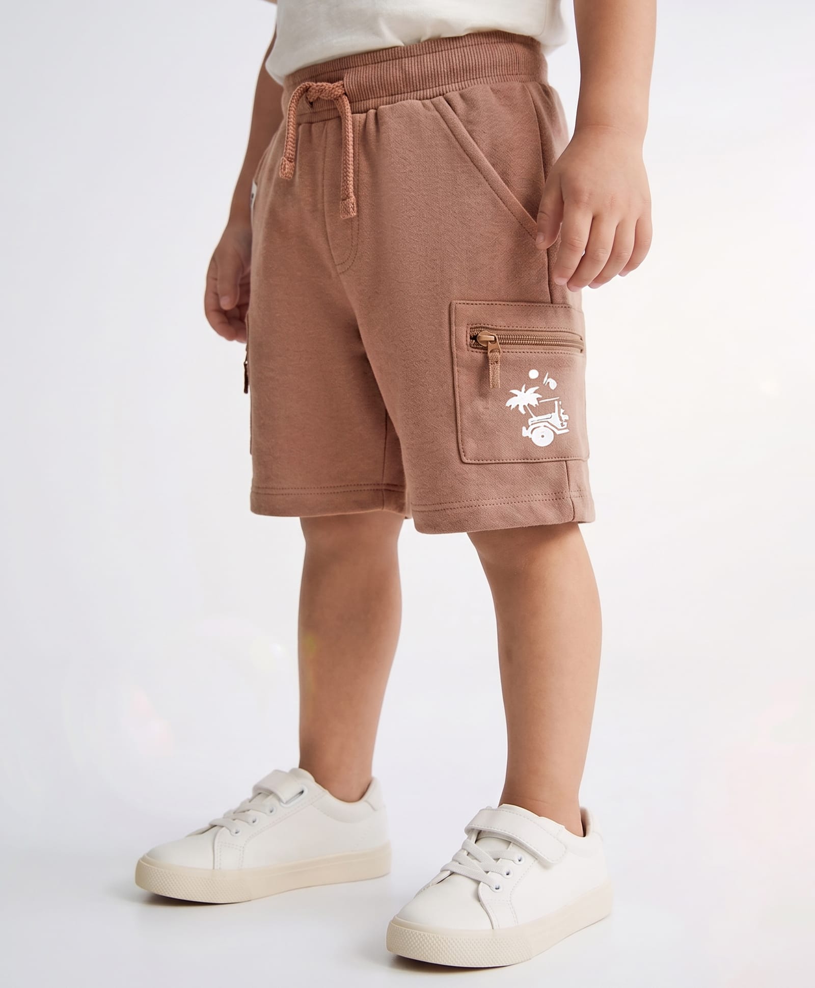 Babyhug Terry Knit Mid Thigh Shorts with Jeep Print - Brown-image-49