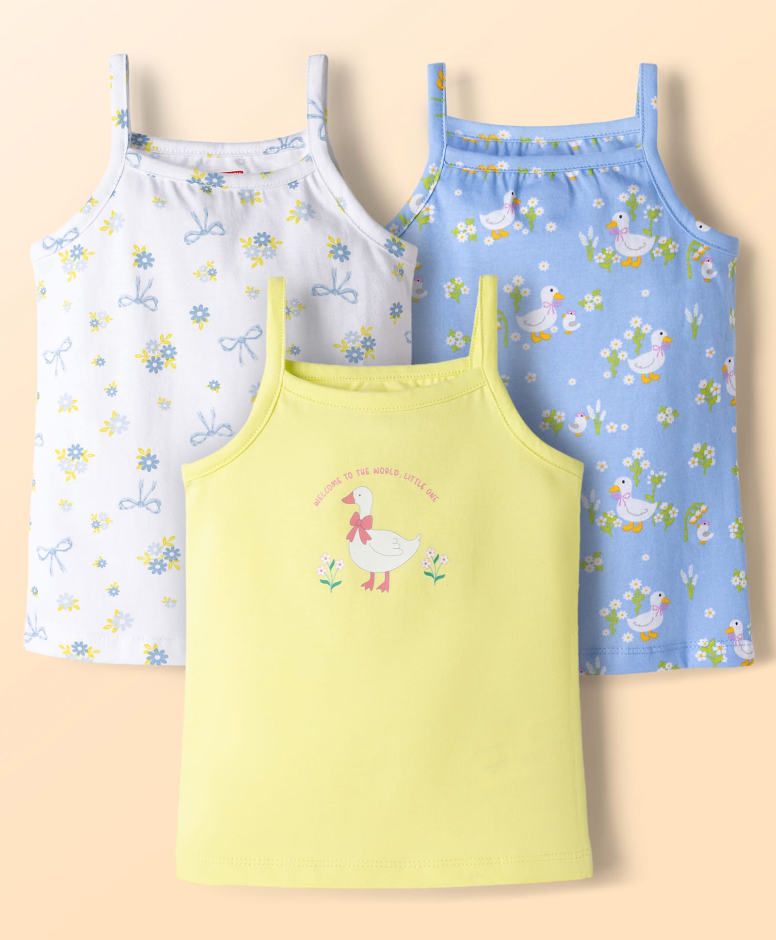 Babyhug 100% Cotton Single Jersey Knit Sleeveless Slips with Floral & Duck Print Pack of 3 - Multicolour