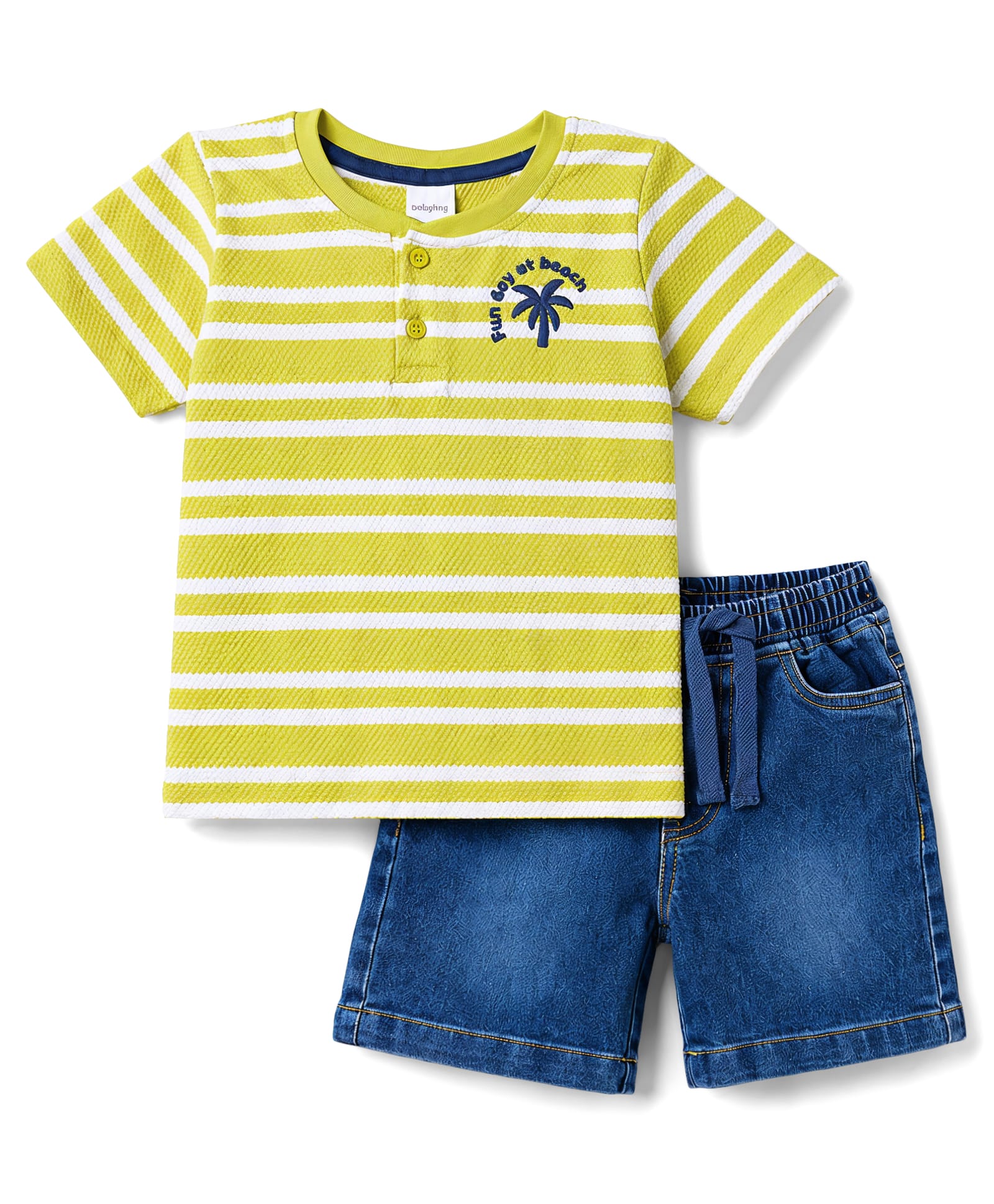 Babyhug Popcorn Knit Half Sleeves Striped T-Shirt & Denim Shorts - Limegreen & Blue-image-3