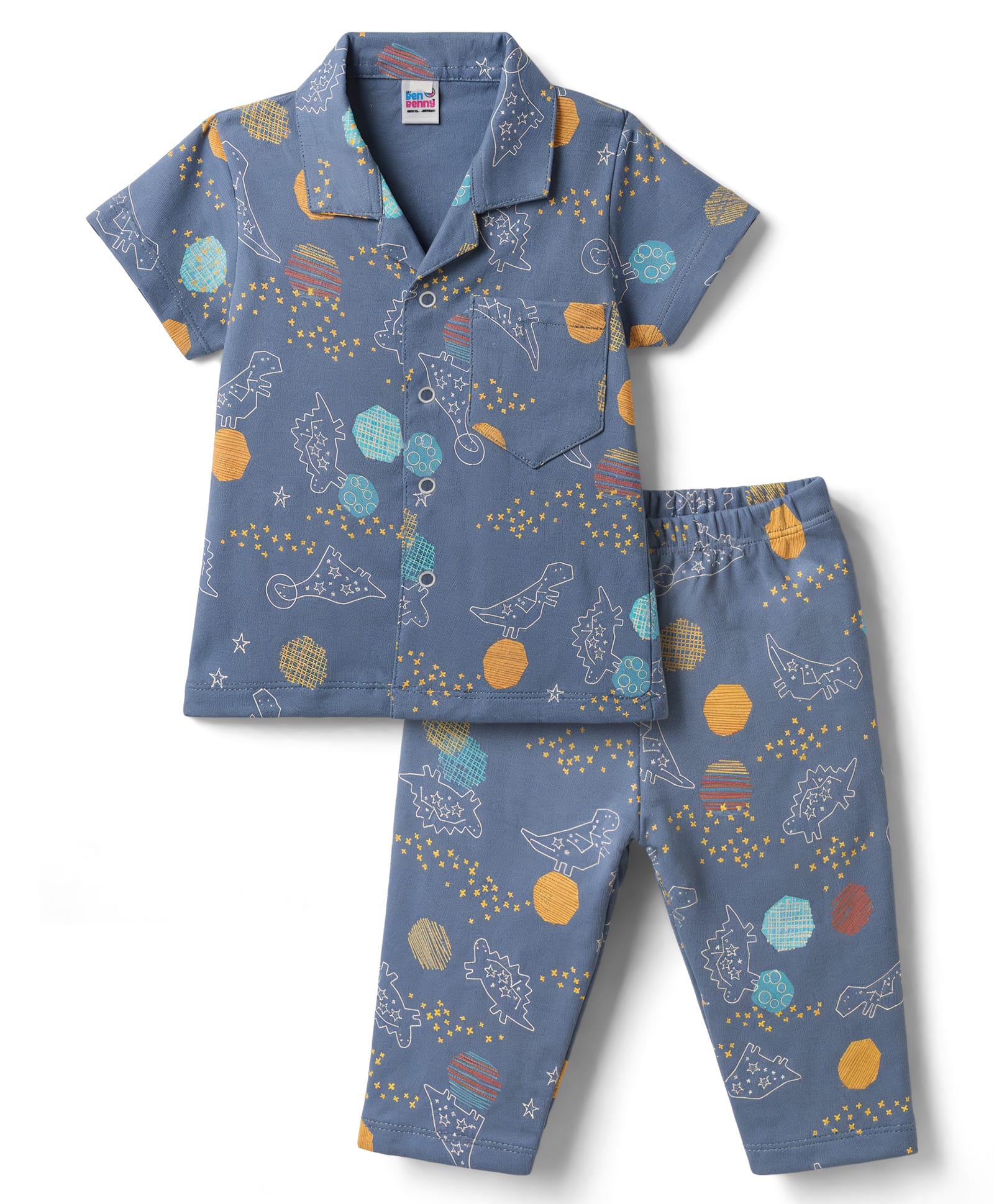 Ben Benny Interlock Knit Half Sleeves Dino Printed Co-Ords Shirt & Pyjama Night Suit - Navy Blue-picture-34