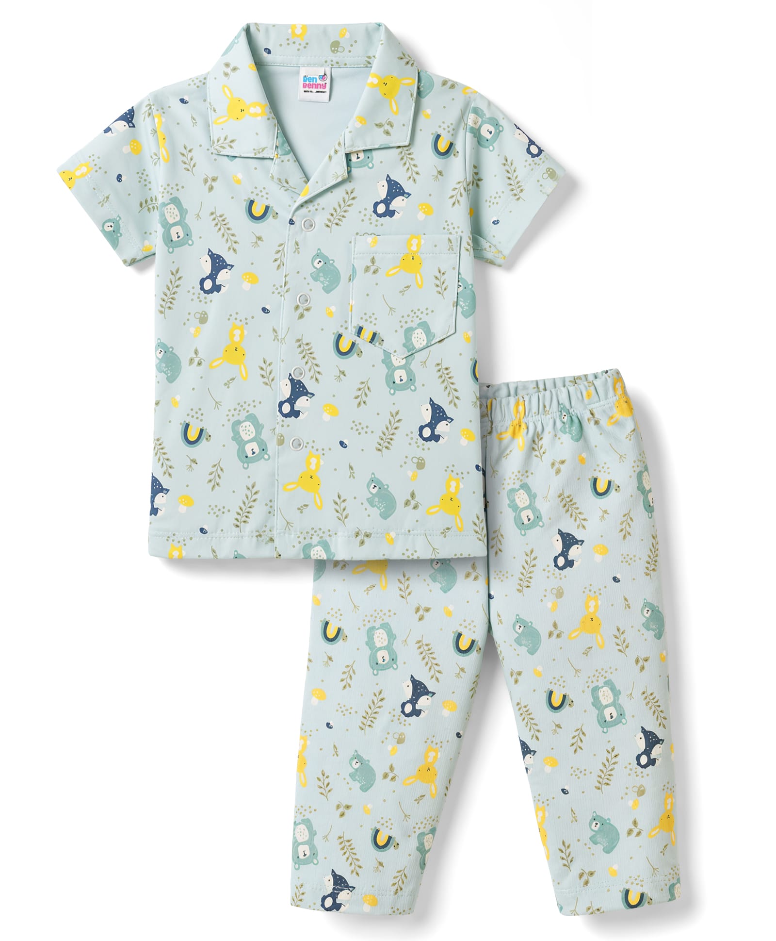 Ben Benny Interlock Knit Half Sleeves Animal Printed Co-Ords Shirt & Pyjama Night Suit - Light Green-picture-24