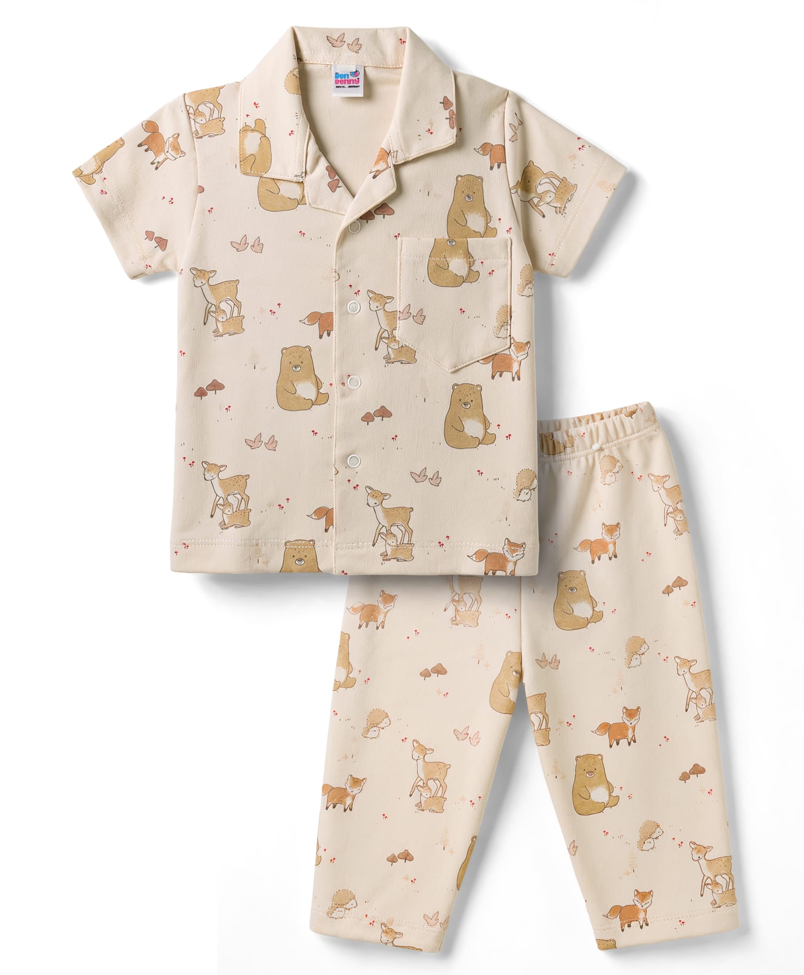 Ben Benny Interlock Knit Half Sleeves Animal Printed Co-Ords Shirt & Pyjama Night Suit - Beige-picture-27