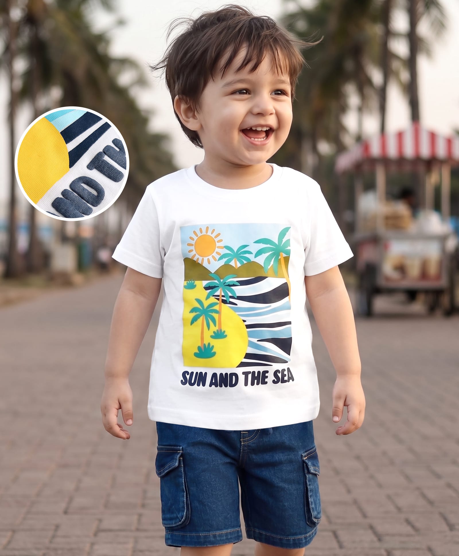 Babyhug Single Jersey Knit Half Sleeves T-Shirt & Denim Shorts Set With Beach Theme - White & Blue-picture-36