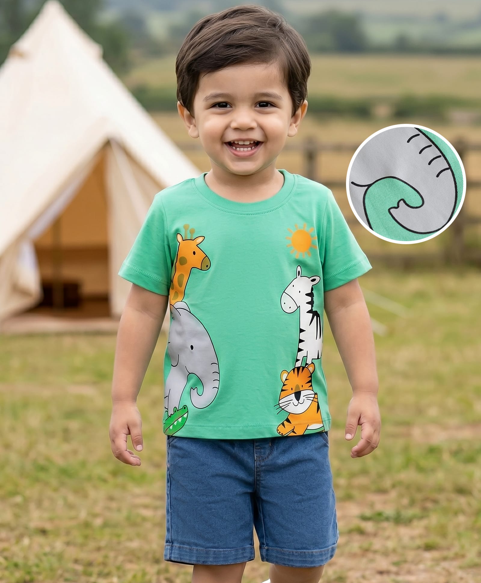 Babyhug Single Jersey Knit Half Sleeves T-Shirt & Shorts Set With Animal Print - Green & Blue-picture-19