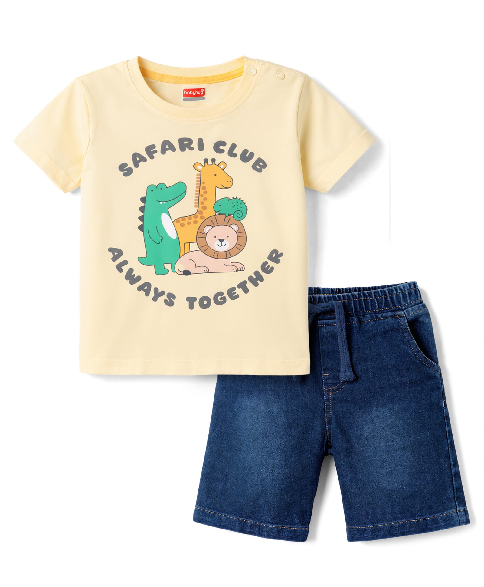 Babyhug Single Jersey Knit Half Sleeves T-Shirt & Denim Shorts Set with Animal Print - Yellow & Blue-picture-19