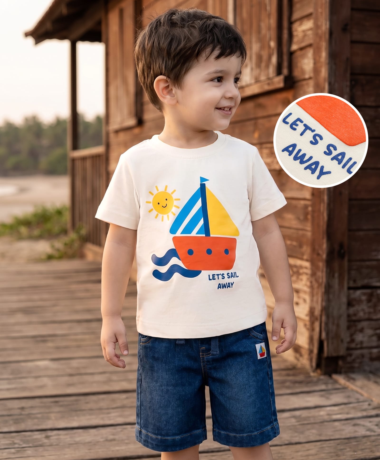 Babyhug Single Jersey Knit Half Sleeves T-Shirt & Denim Shorts Set With Beach Theme - White & Blue-picture-36