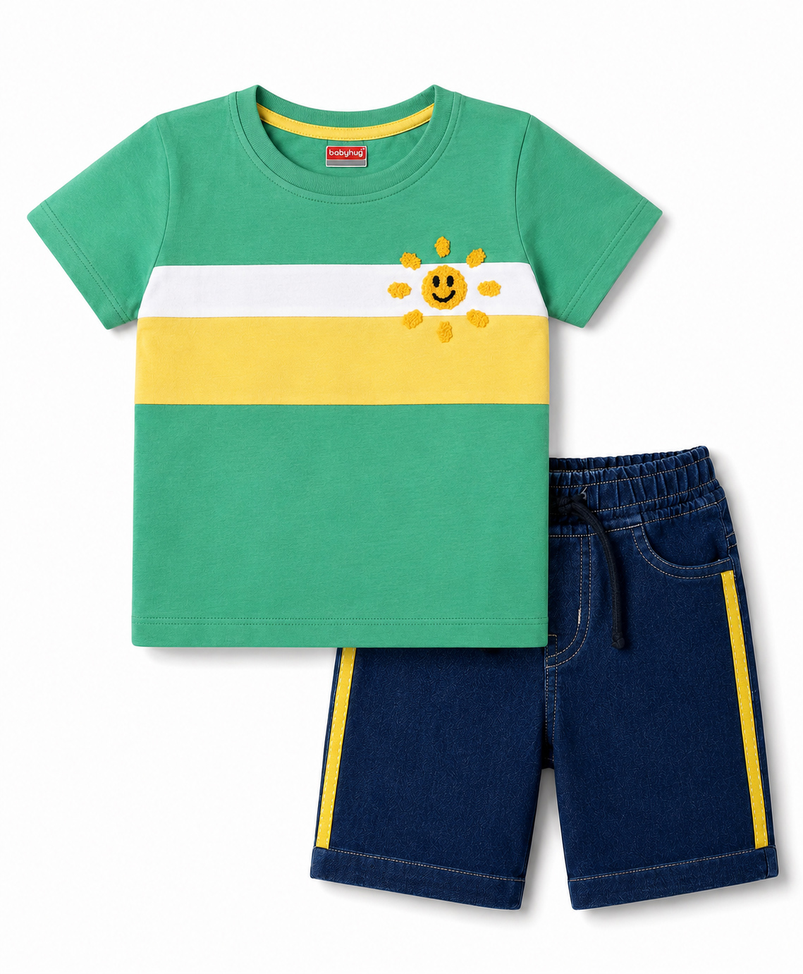 Babyhug Single Jersey Knit Half Sleeves Striped T-Shirt & Denim Shorts Set With Sun Embroidery - Green & Blue-picture-13