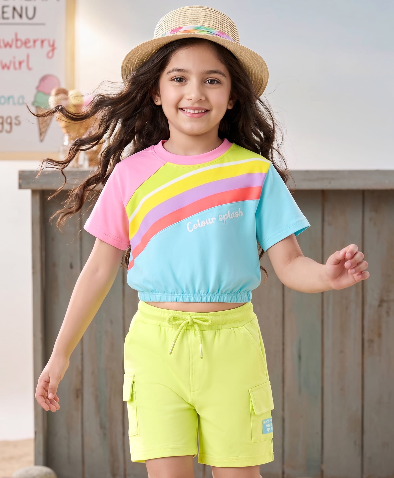 OLLINGTON ST. Cotton Knit Half Sleeve Top With Print & Shorts Set -Multicolour & Pink-image-45