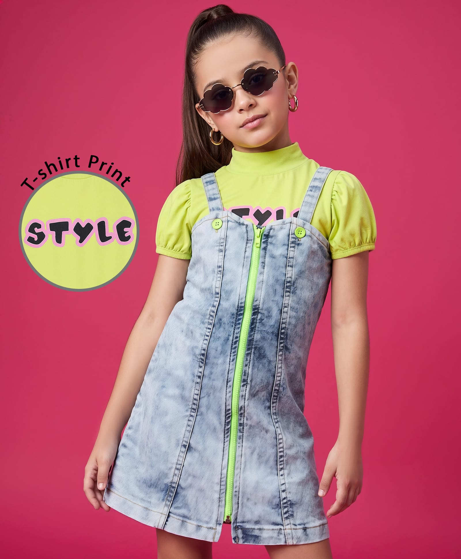 OLLINGTON ST. Cotton Woven Pinafore with Zipper & Half Sleeve Top with Text Print -Lime Green-image-2