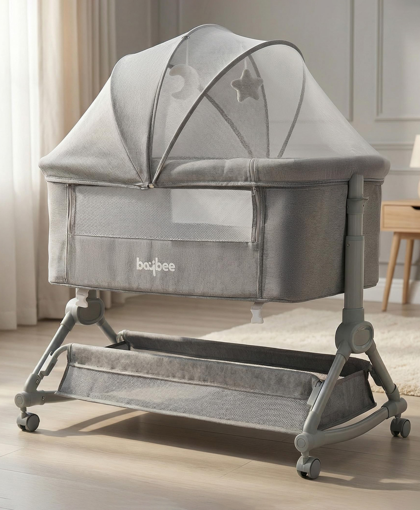 BAYBEE Bedside Crib for Baby with Rocking Mode | Bassinet for New Born with 4 Height Adjustable & Recline | Baby Cot with Mosquito Net & Storage Box | Bedside Basinet for 0 to 2 Years Boy Girl (Grey)-image-1