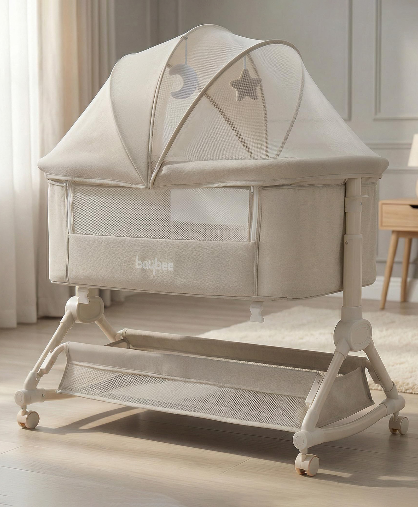 BAYBEE Bedside Crib for Baby with Rocking Mode | Bassinet for New Born with 4 Height Adjustable & Recline | Baby Cot with Mosquito Net & Storage Box | Bedside Basinet for 0 to 2 Years Boy Girl (kaki)-image-15