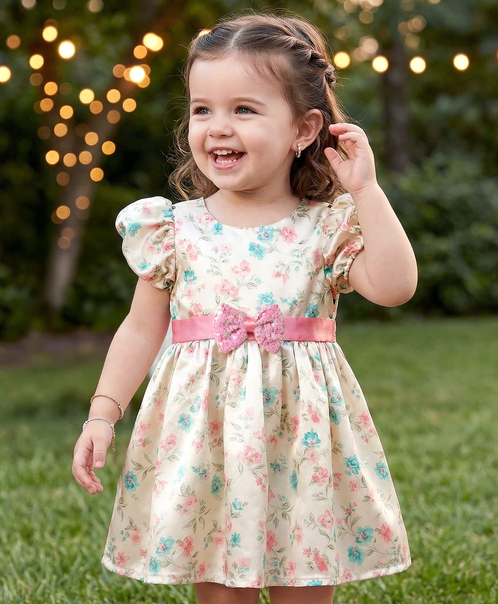 Babyoye Satin Woven Half Puffed Sleeves Party Dress with Floral Print & Bow Applique - Multicolor-image-6