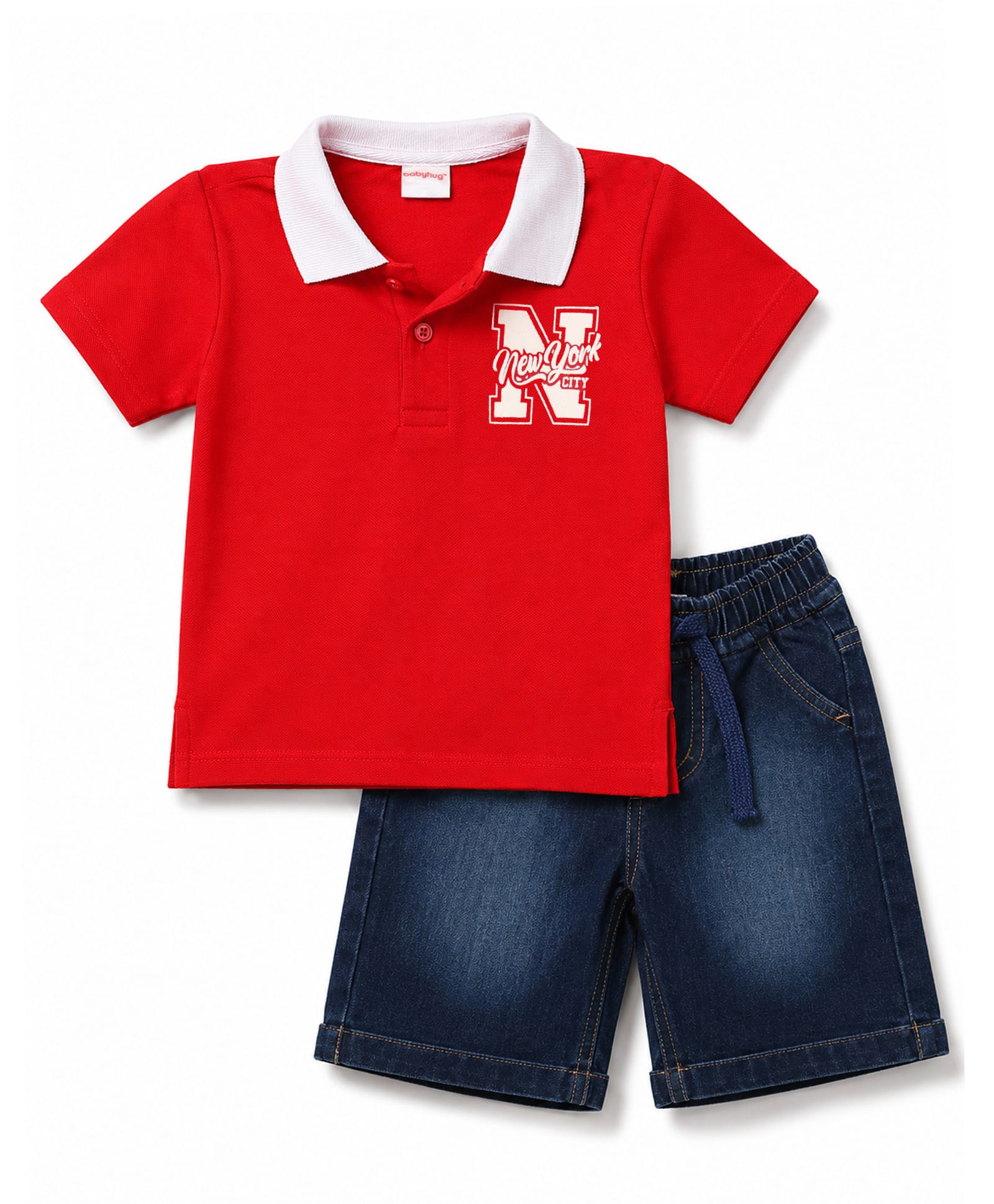 Babyhug 100% Cotton Knit Half Sleeves Text Printed Polo T-Shirt & Denim Shorts Set - Red & Blue-image-30