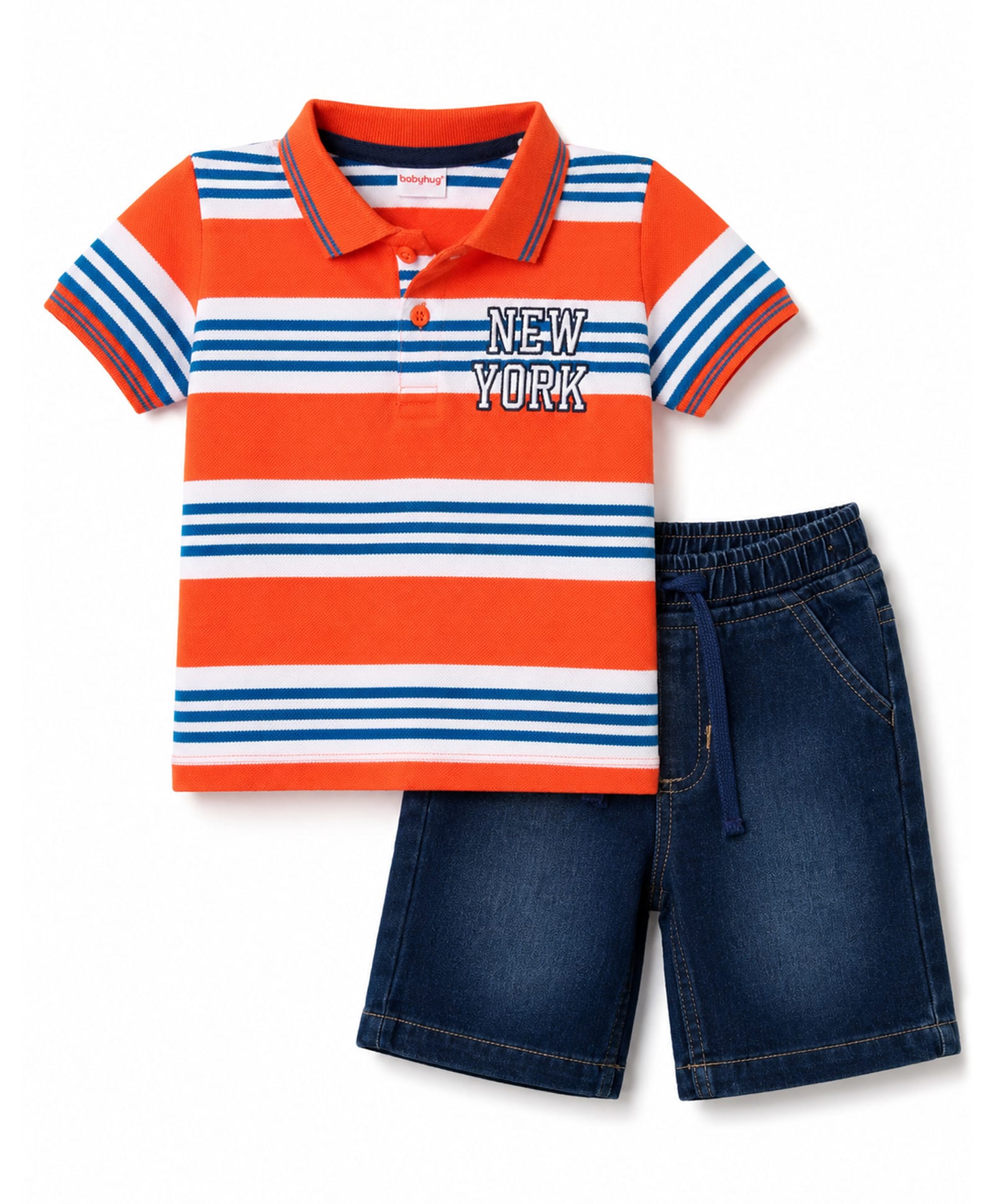 Babyhug Single Jersey Knit Half Sleeves Striped Polo T-Shirt & Denim Shorts With Text Embroidery Detailing - Multicolor-picture-18