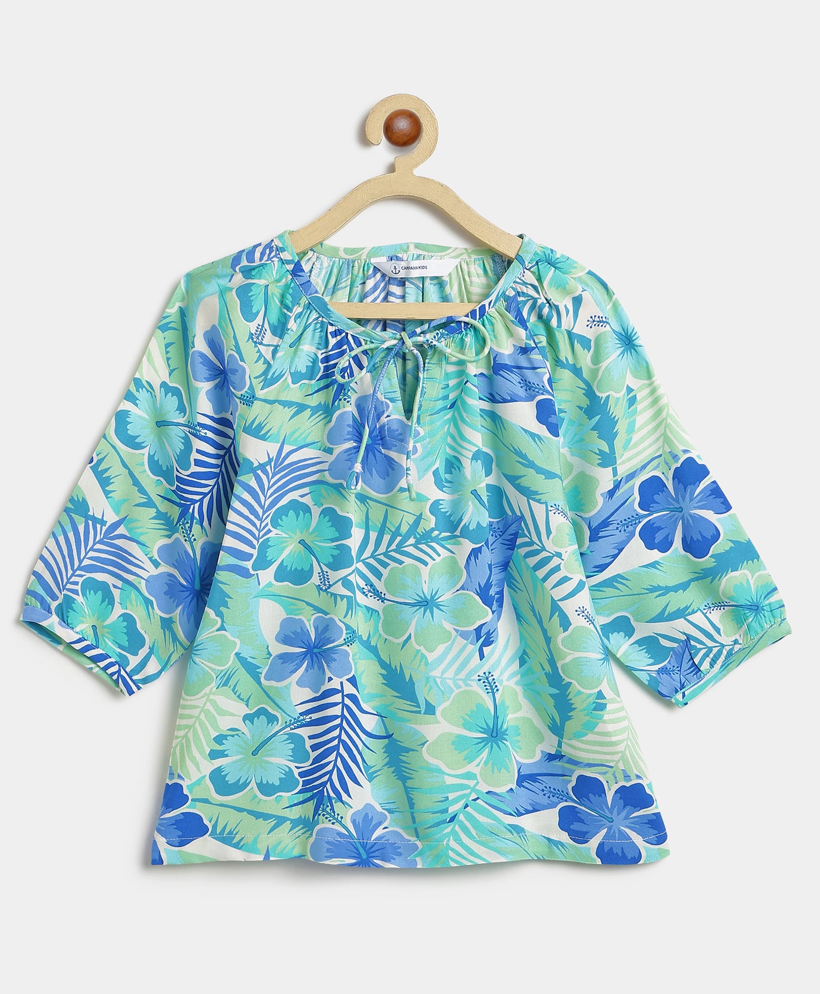 Campana Rayon Woven Three Fourth Sleeves Floral & Leaves Printed Top - Sea Green & Blue-picture-21
