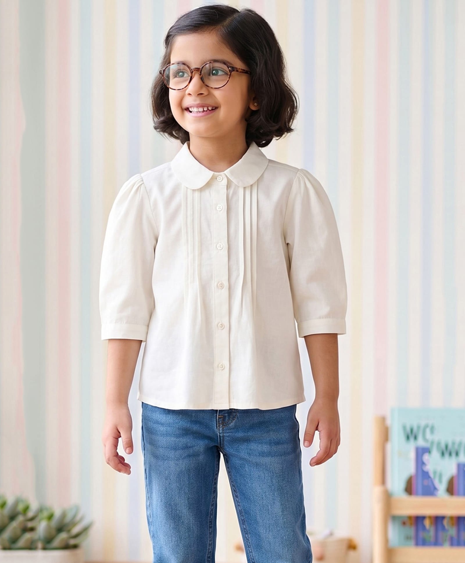 Campana 100% Cotton Woven Three Fourth Sleeves Pleated Top - White-picture-19