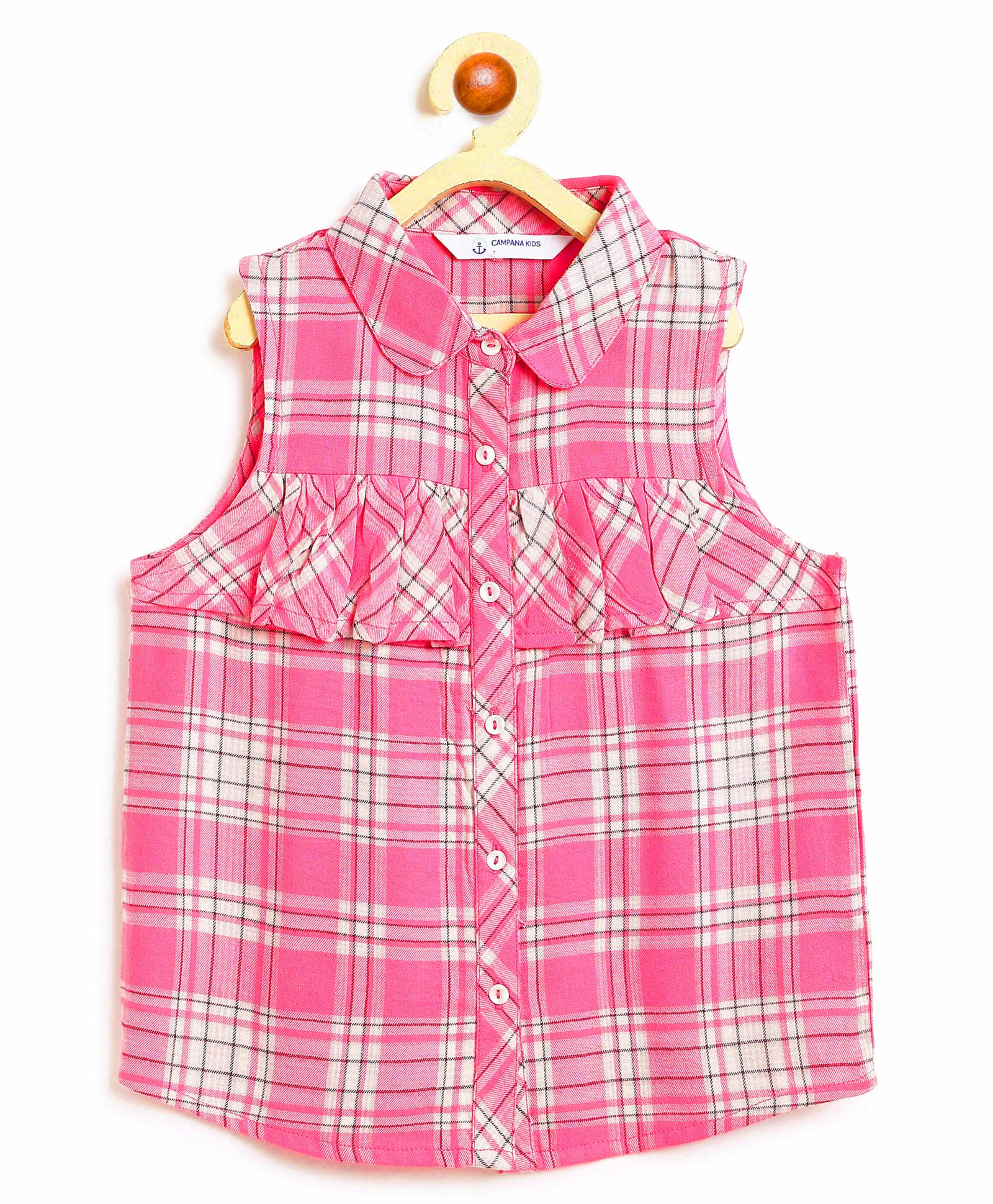 Campana 100% Cotton Woven Sleeveless Checked Shirt Styled Top - Pink-image-34