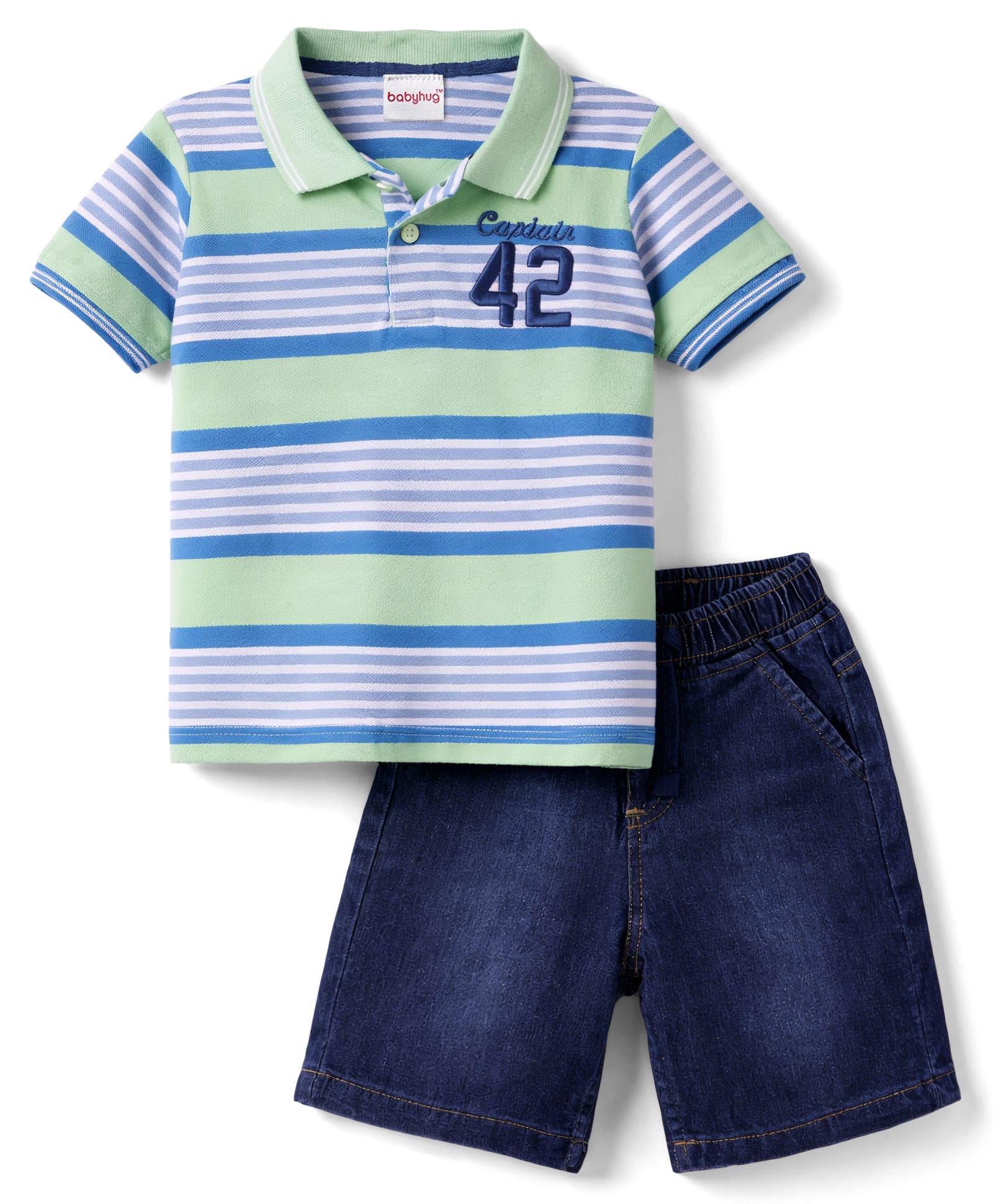 Babyhug Single Jersey Knit Half Sleeves Striped Polo T-Shirt & Shorts Set with Number Embroidery - Multicolor-image-35