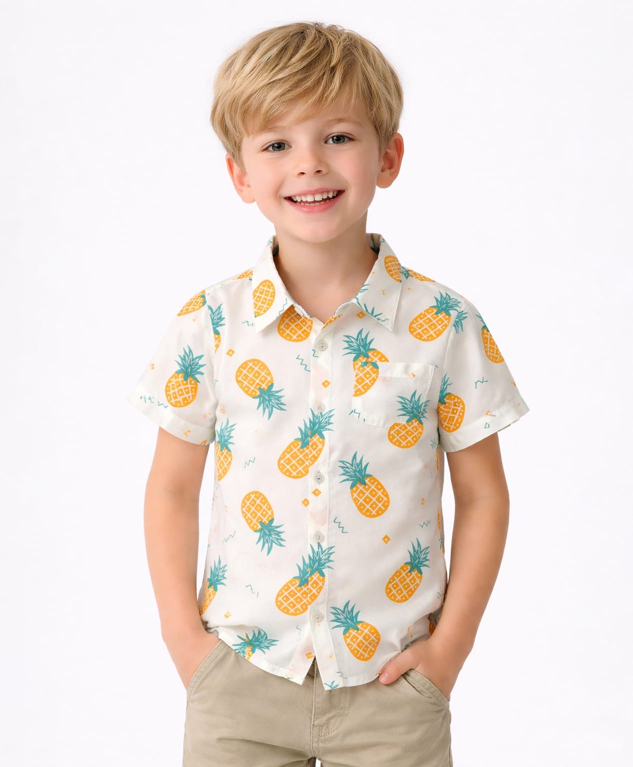 CrayonFlakes Cotton Woven Half Sleeves Pineapple Printed Shirt - Off White-image-24