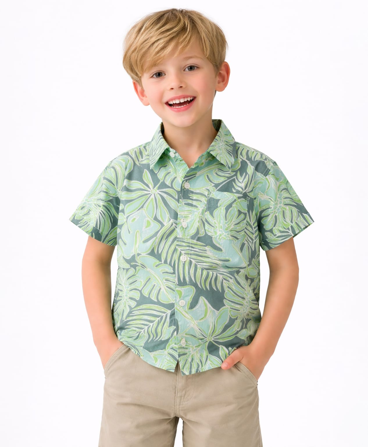 CrayonFlakes Cotton Woven Half Sleeves Tropical Theme Printed Shirt - Green-picture-37