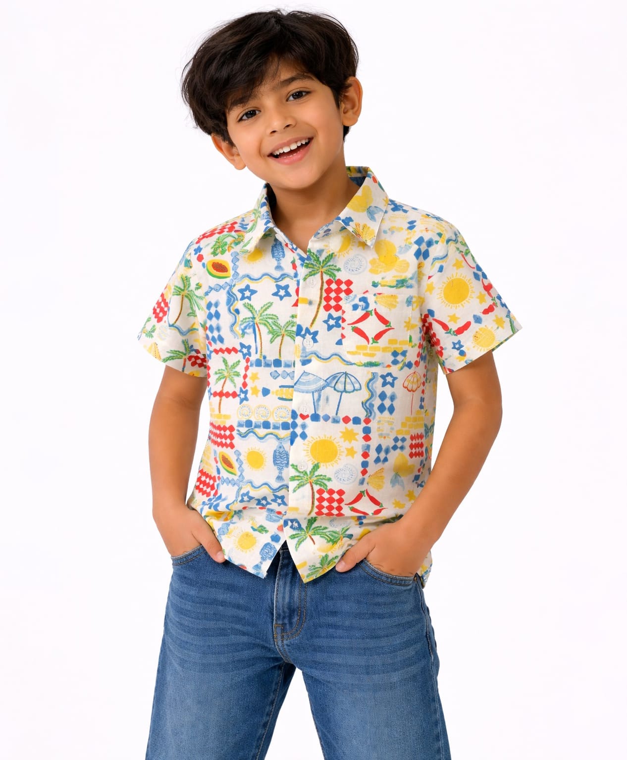 CrayonFlakes Cotton Woven Half Sleeves Tropical Theme Printed Shirt - Off White-picture-28