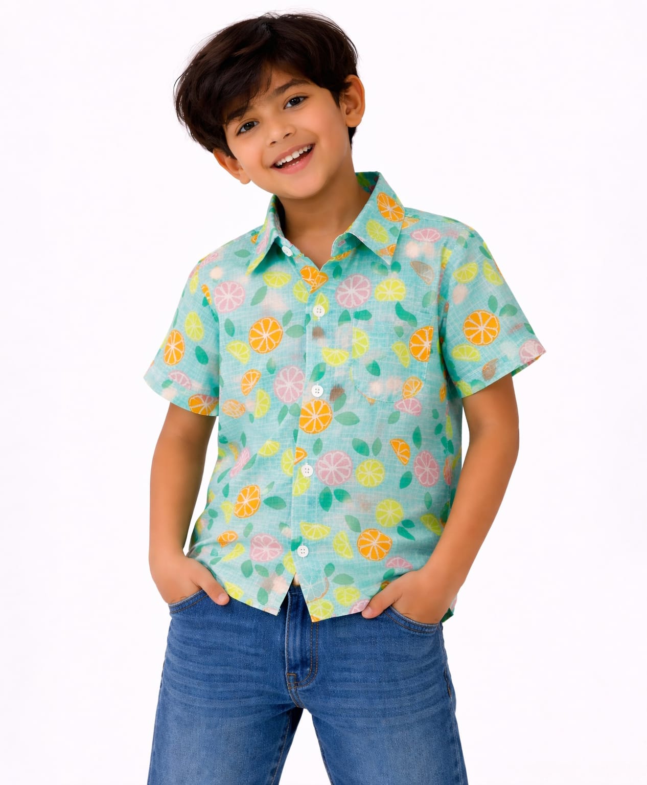 CrayonFlakes Cotton Woven Half Sleeves Citrus Fruit Printed Shirt - Turquoise-picture-34