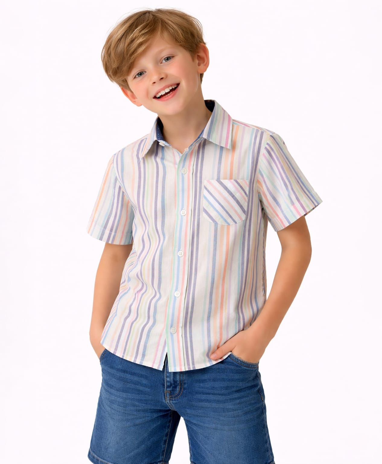 CrayonFlakes Cotton Woven Half Sleeves Striped Shirt - Off White-picture-29