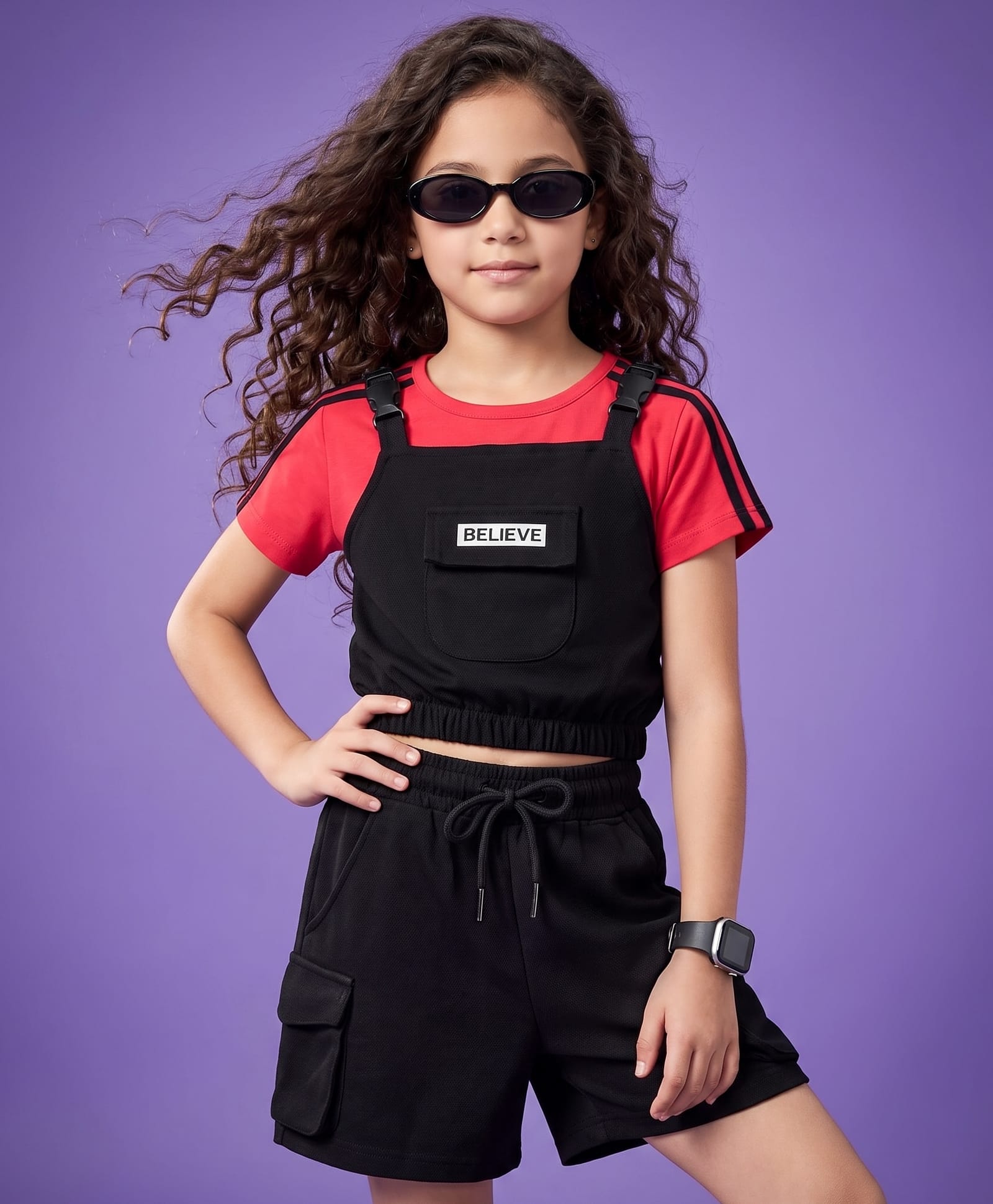 OLLINGTON ST. Cotton Popcorn Knit Sleeveless Text Embroidered Top With Inner Tee & Shorts - Black-picture-10