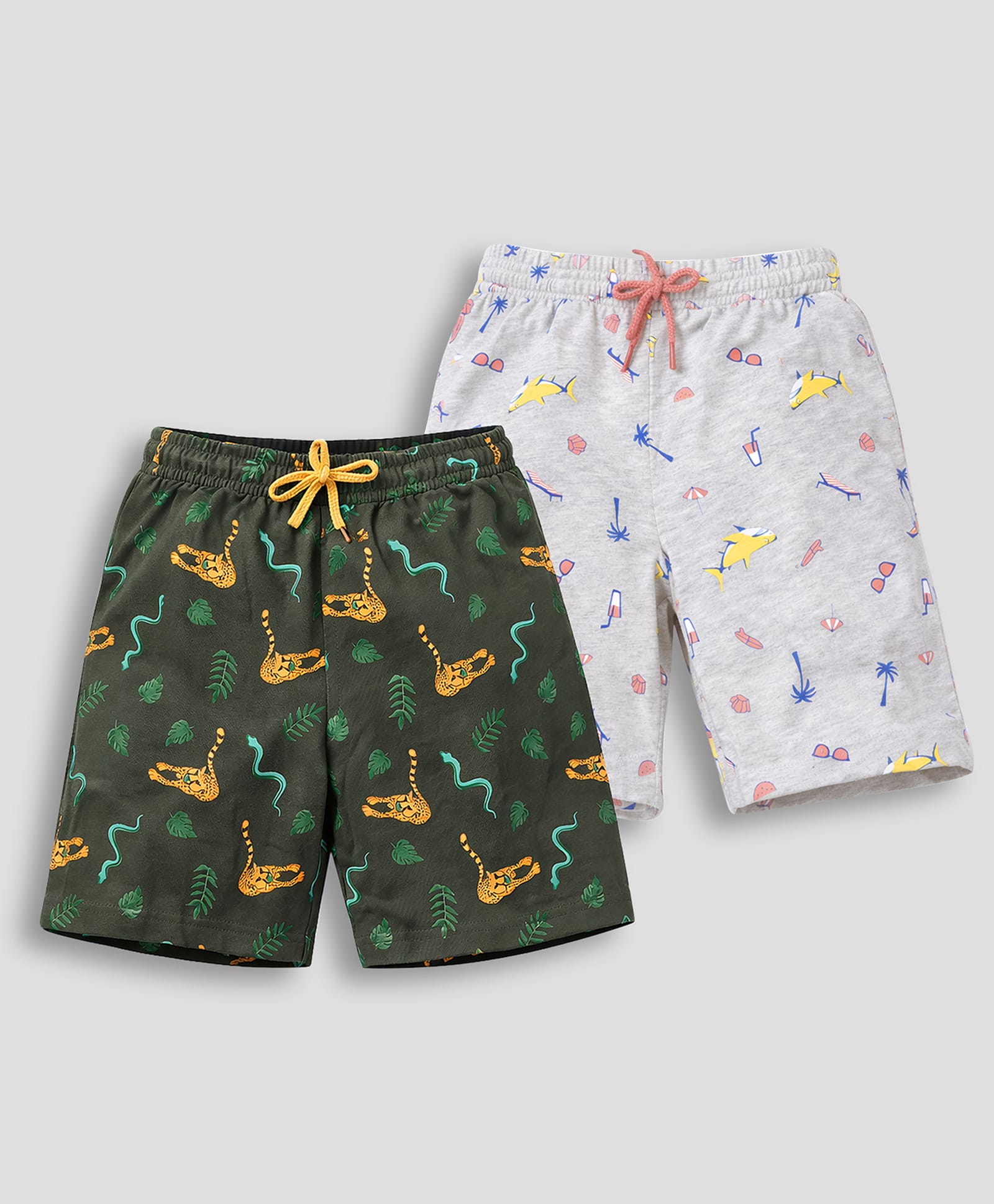 TRESNOVA Cotton Knit Pack Of 2 Jungle & Shark Printed Anti Microbial Shorts - Green & Melange-picture-16