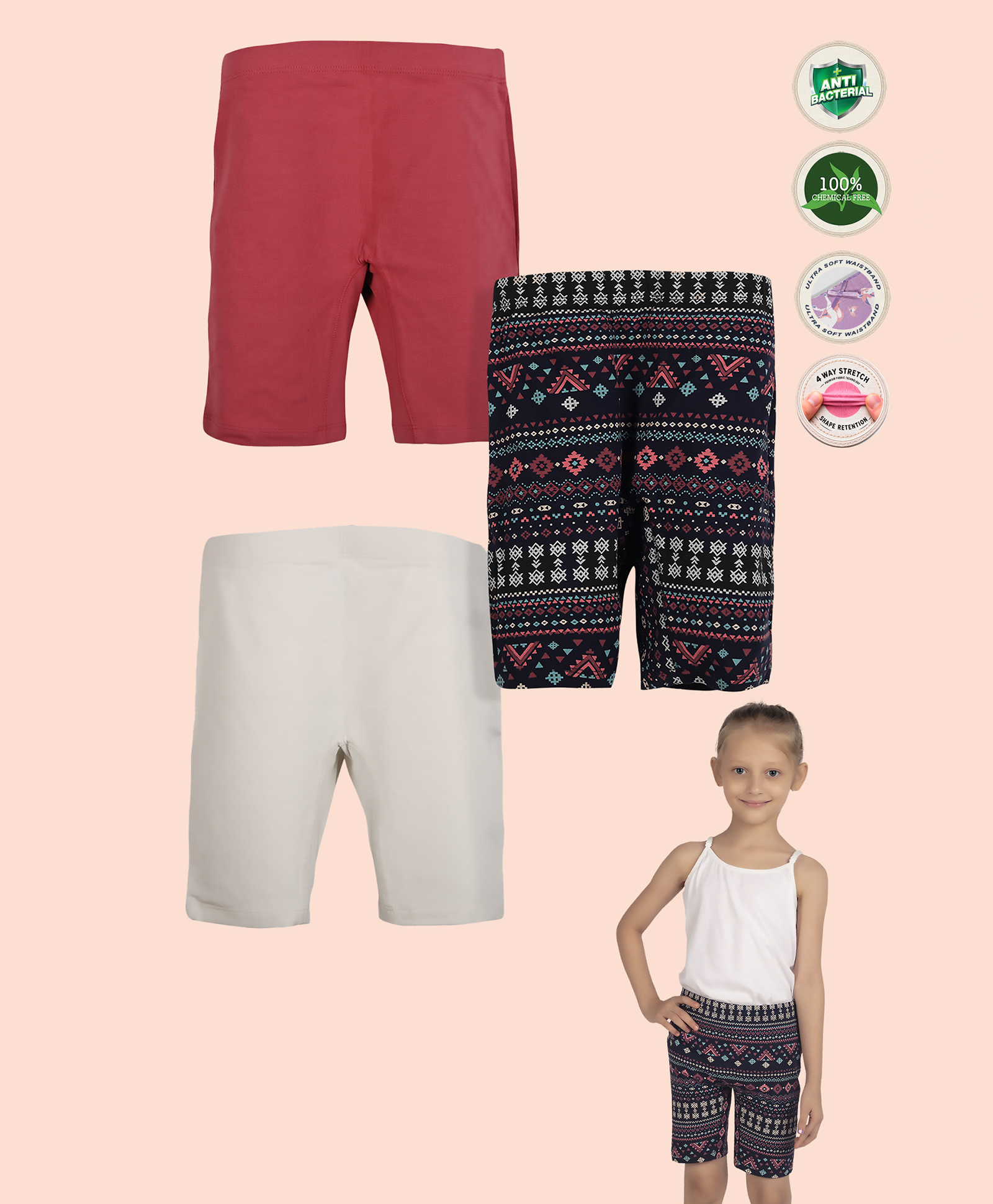 TRESNOVA Cotton Lycra Knit Pack Of 3 Solid & Tribal Printed Printed Anti Microbial Shorts - Navy Blue Rose Pink & Offwhite-picture-27