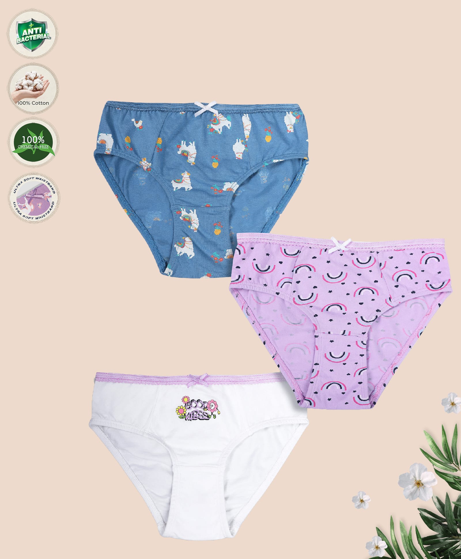TRESNOVA Cotton Lycra Knit Pack Of 3 Rainbow & Good Vibes Text Printed Soft Anti Microbial Finish Panties - Teal Blue Purple & Offwhite-picture-23